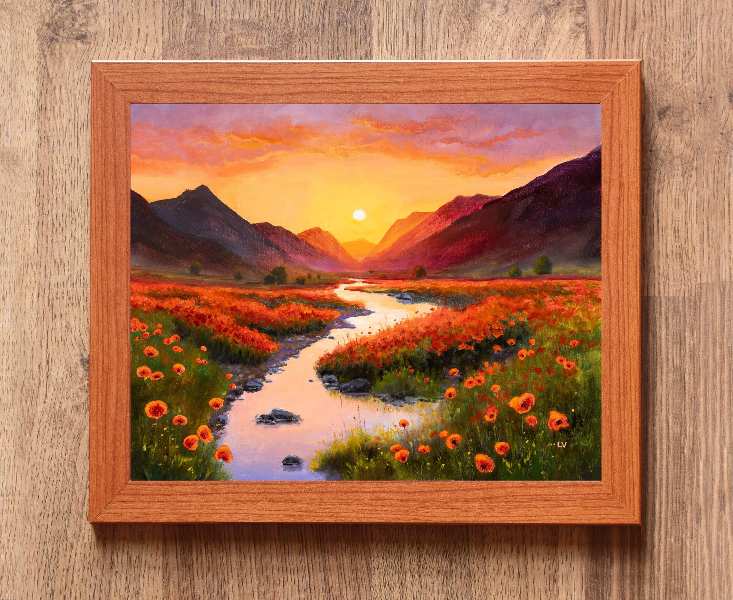 Río con flores en puesta de sol. Pintura vibrante de atardecer con amapolas - 3