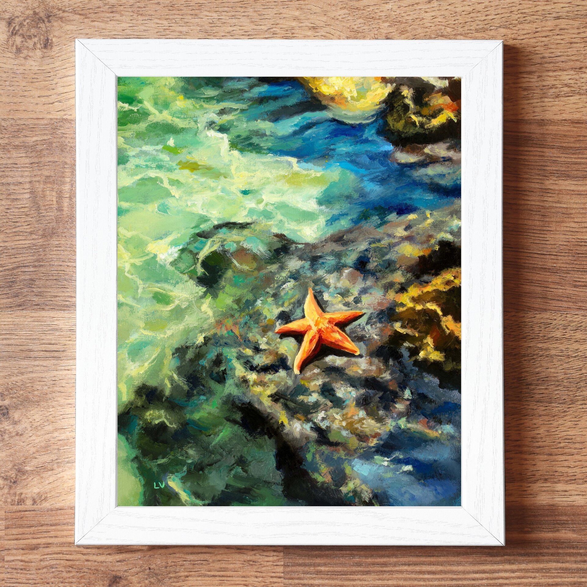 Cuadro al óleo de estrella de mar, Paisaje de océano con rocas, agua y olas - 4
