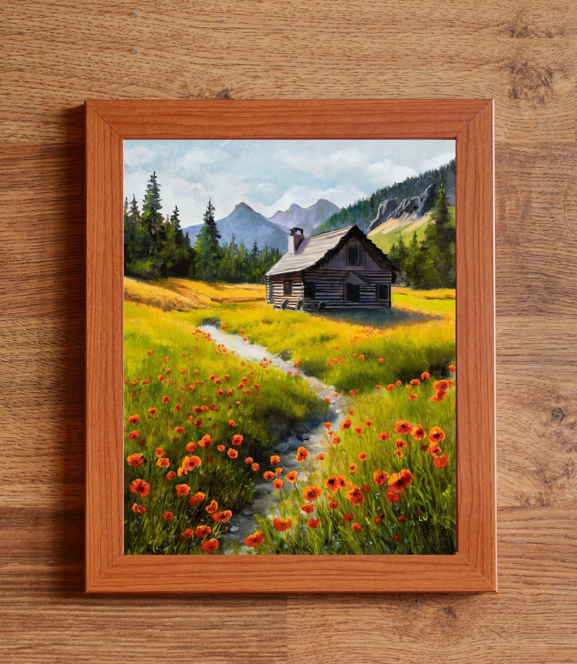 Pintura de paisaje de montaña, amapolas rojas con cabaña de madera, río y abetos - 3