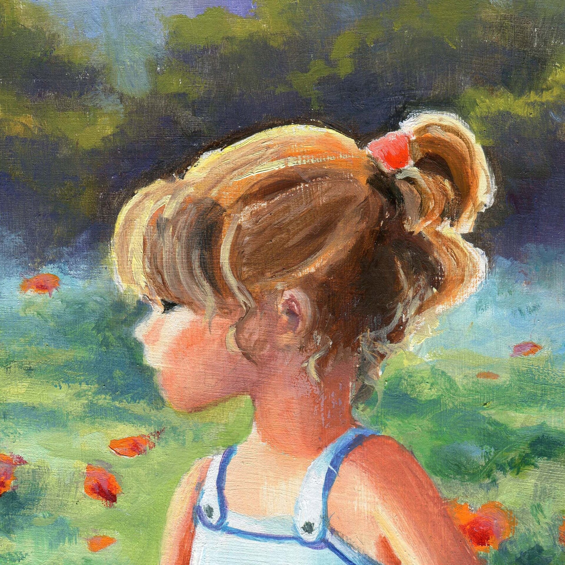 Pintura Niña en campo de amapolas rojas a pleno sol, Luz, color, paz, inocencia - 9