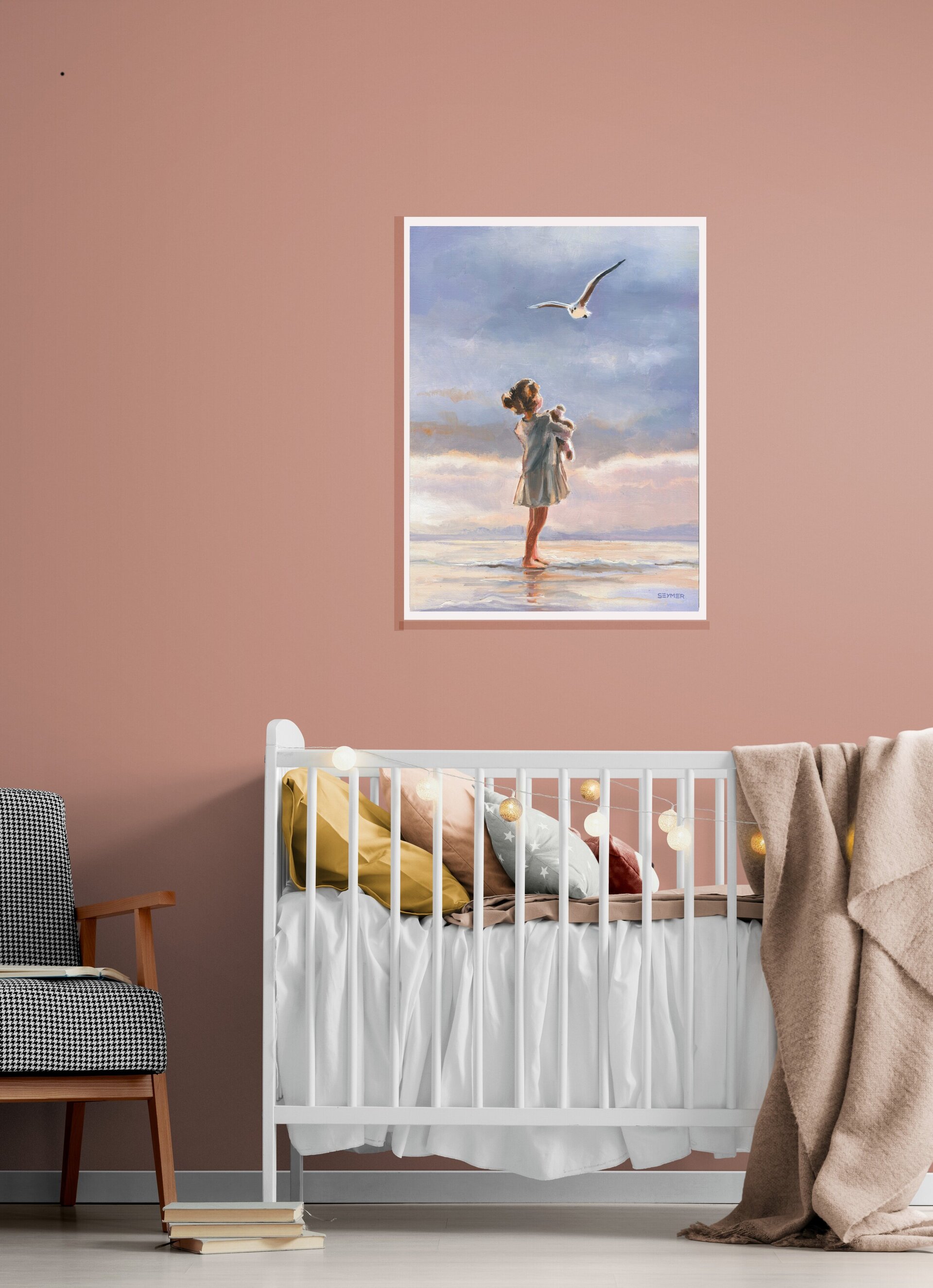 Pintura de niña en la playa con gaviota volando sobre el mar, Sentimiento de paz - 8
