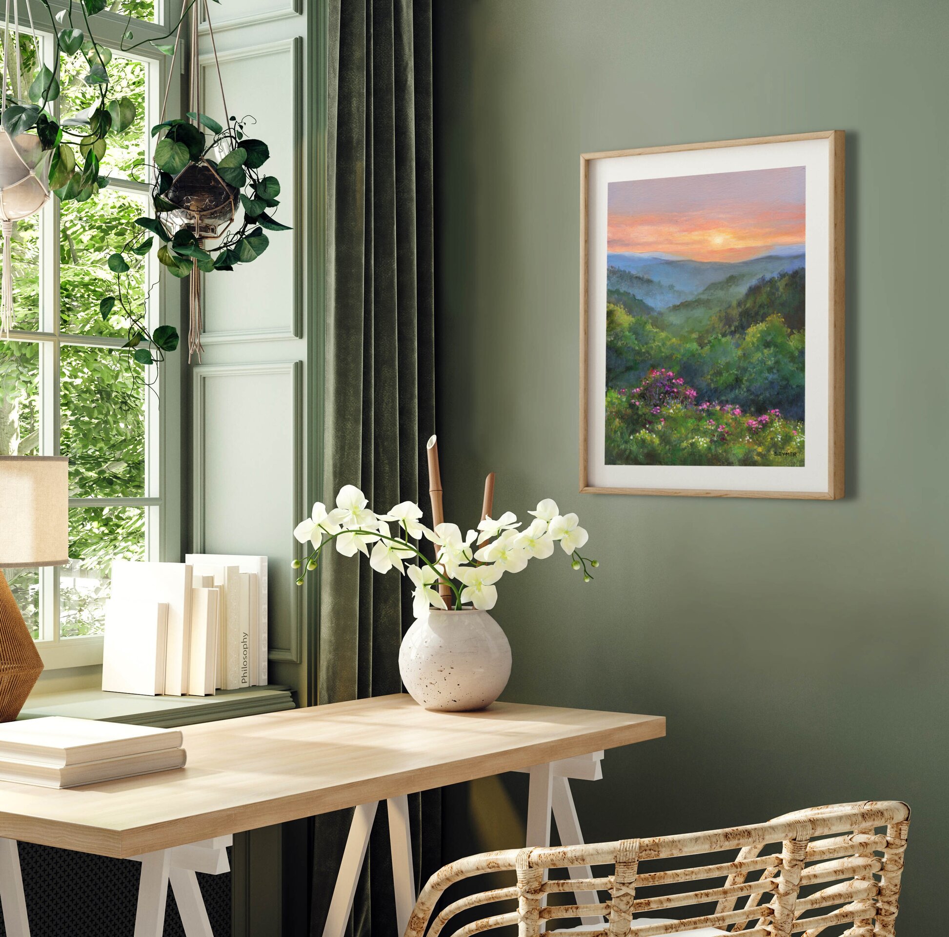 Paisaje panorámico de atardecer con montañas, flores rosa y frondosa vegetación - 7