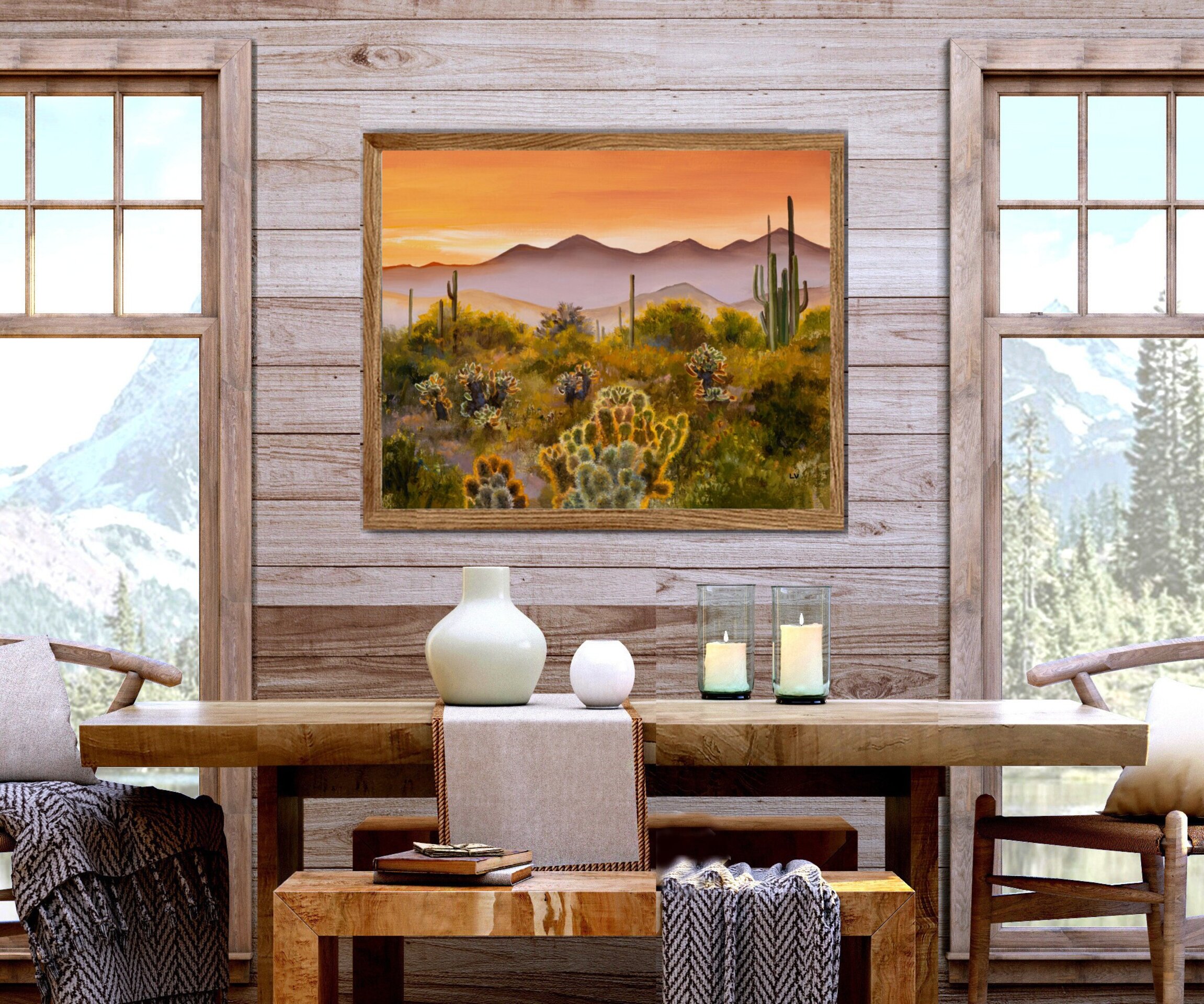 Suave pintura de desierto en tonos cálidos con cactus y paisaje árido y montañas - 8