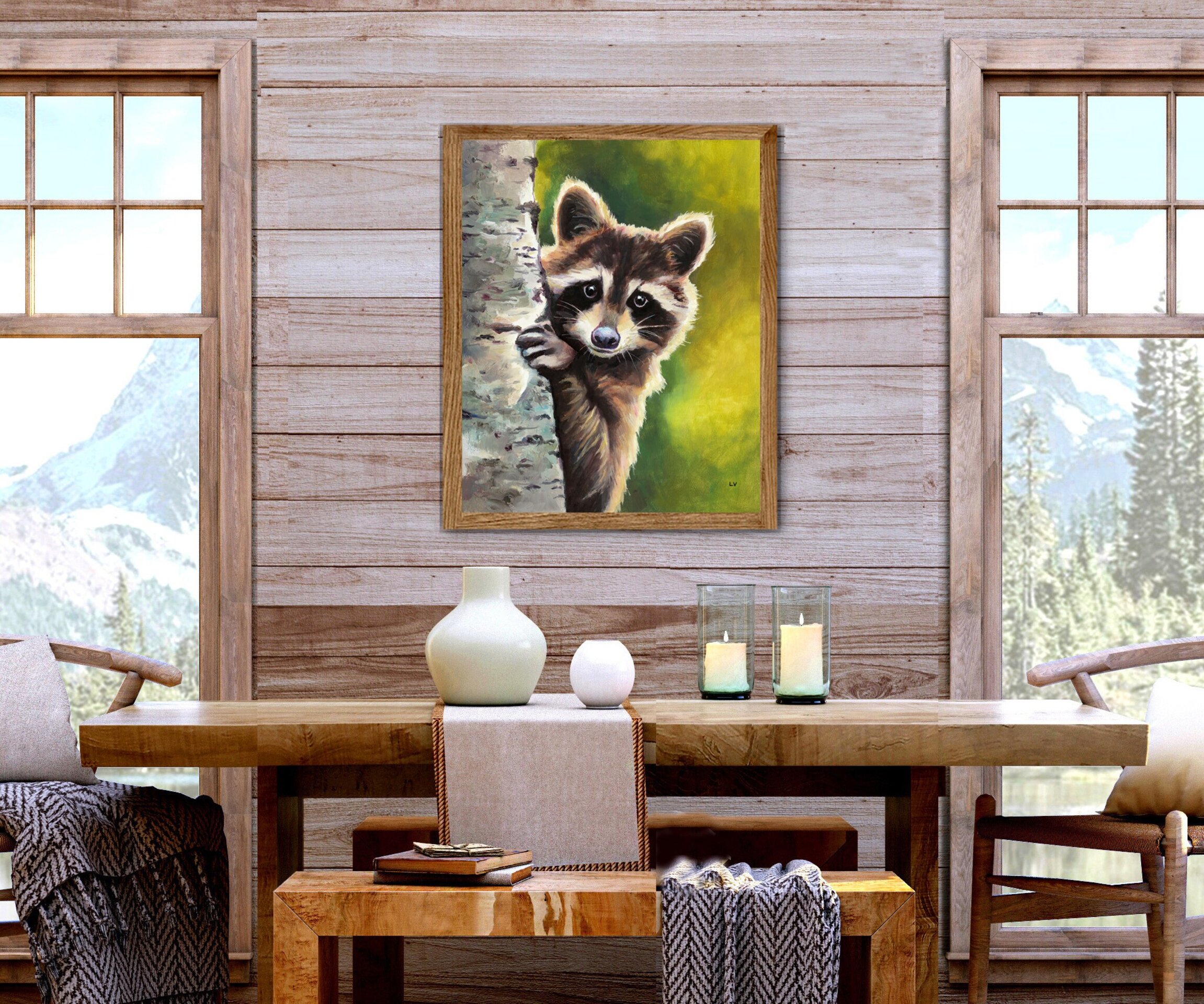Retrato al óleo de un mapache asomado en un tronco, Pintura realista de animales - 6