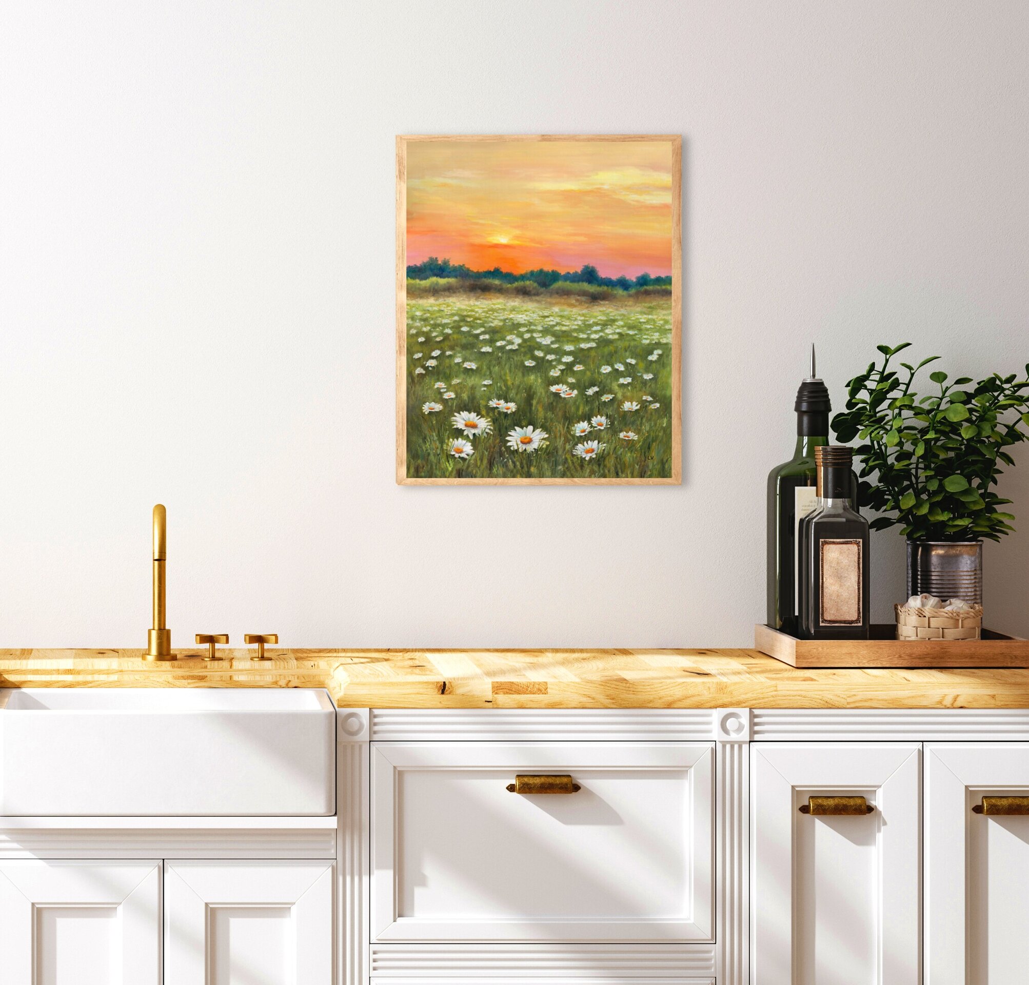 Pintura de campo de margaritas en puesta de sol, Paisaje de flores en primavera - 5