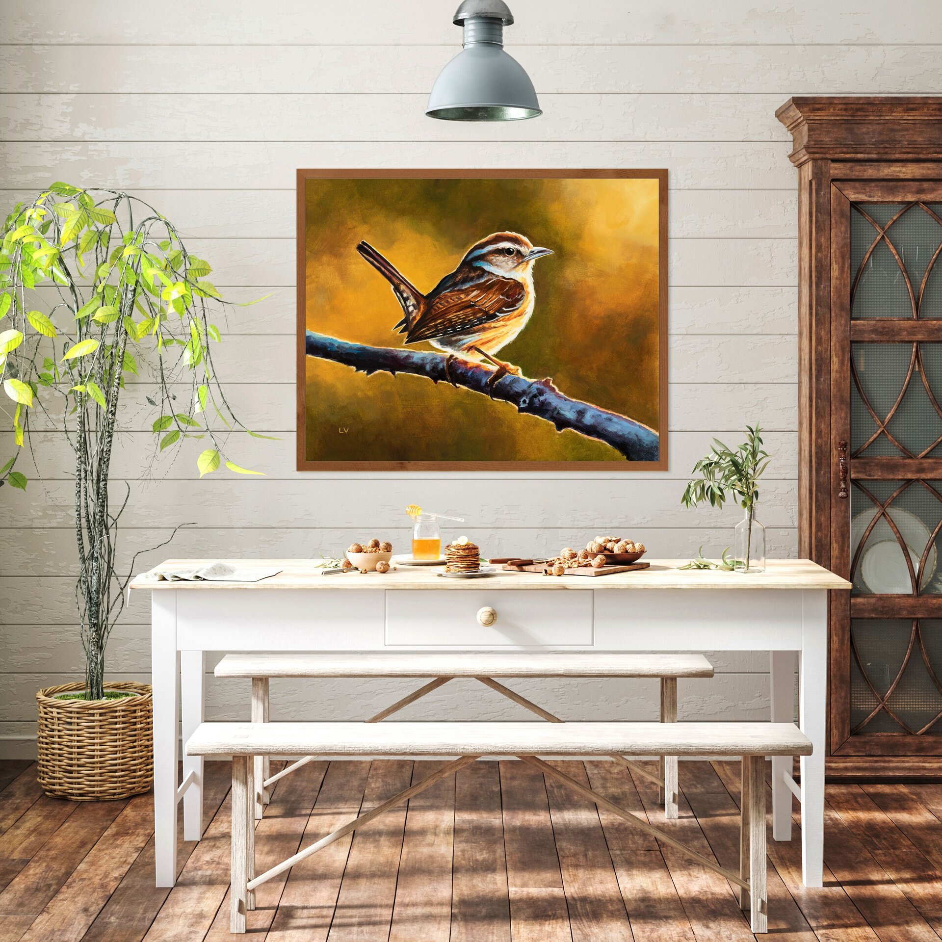 Pintura al óleo de un pájaro marrón sobre una rama, Cuadro animales silvestres - 12