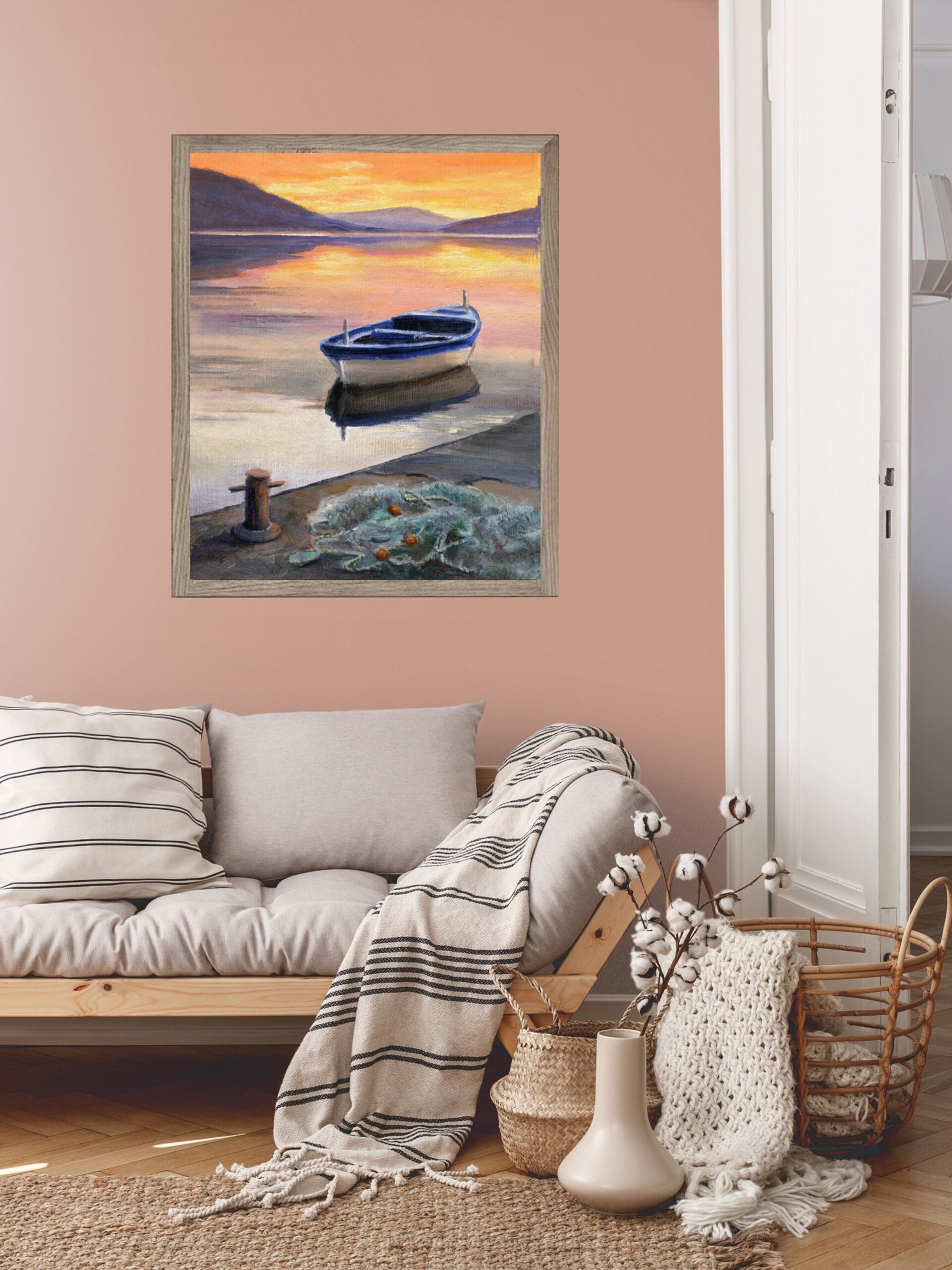 Pintura de barca de pesca con red en muelle al atardecer, Regalo para pescador - 9
