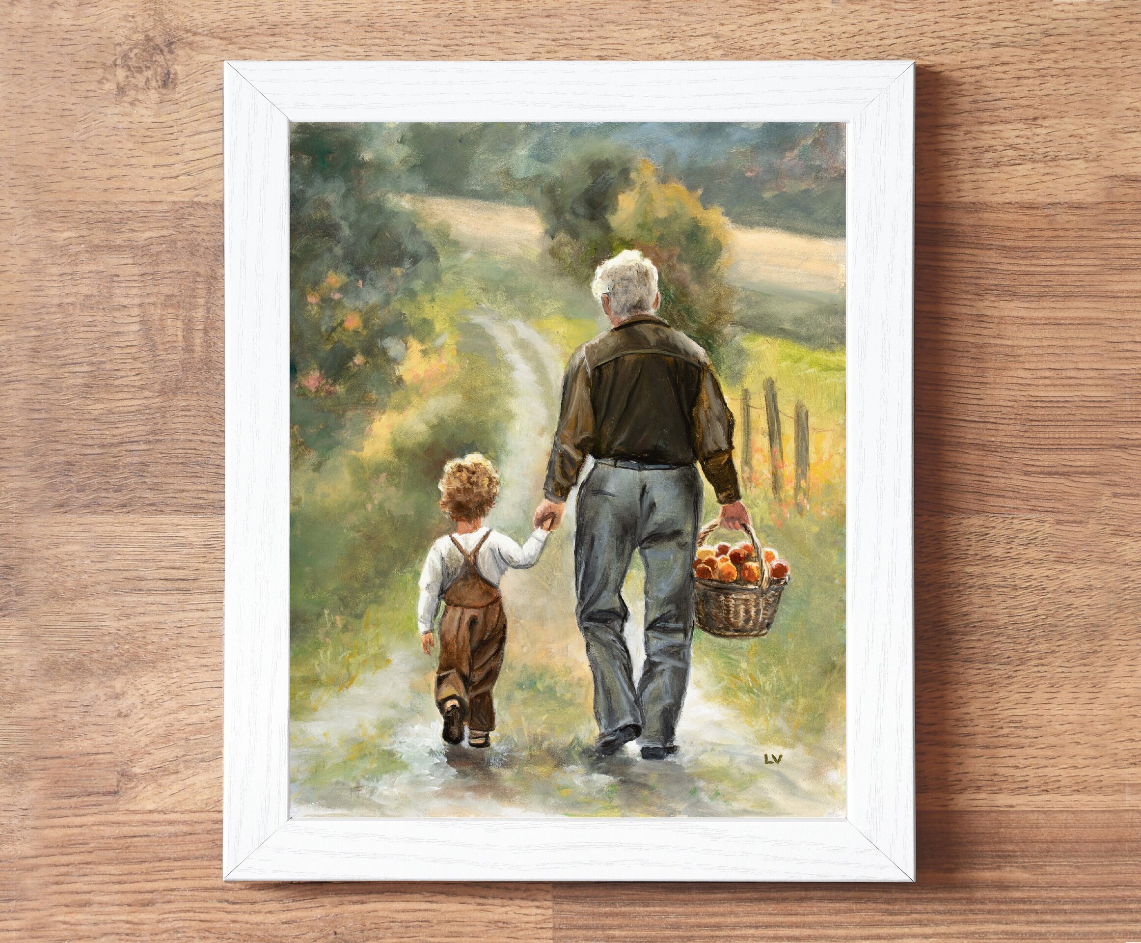 Pintura tierna de abuelo y nieto con cesto de manzanas en camino rural de granja - 4