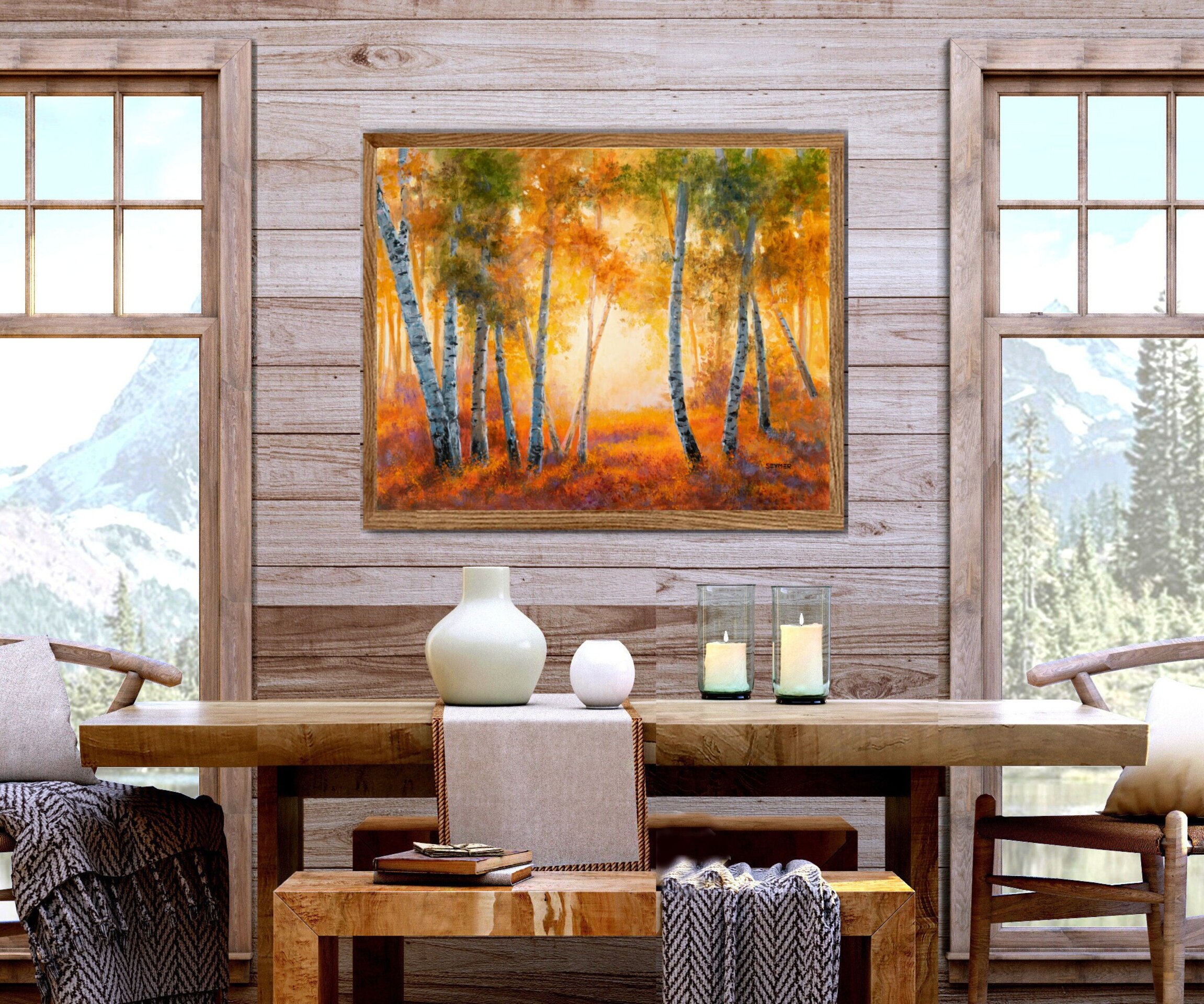 Bosque otoñal de abedules y luz entre los árboles, Óleo en tonos naranja y verde - 8