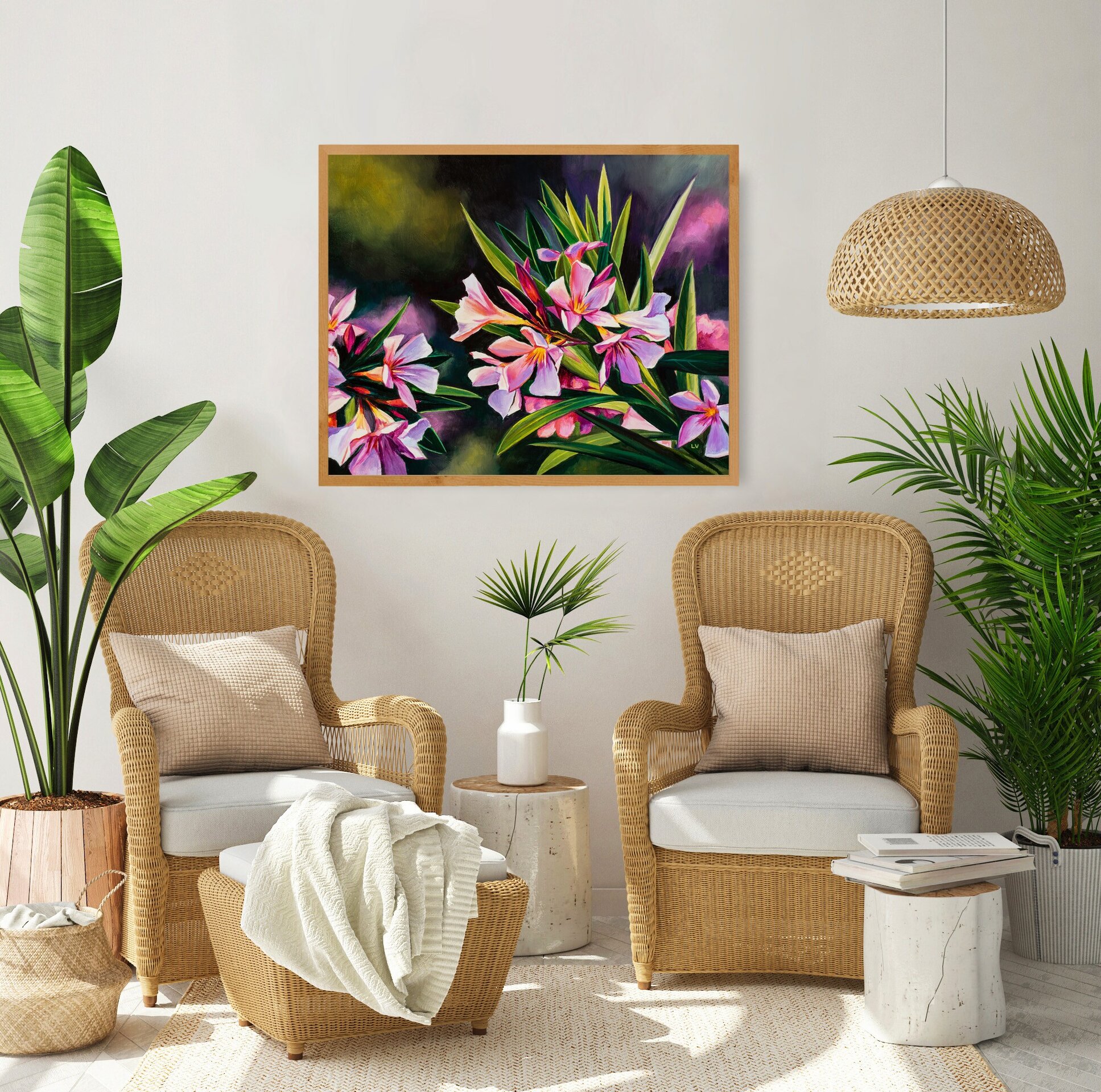 Cuadro al óleo de flores rosa de adelfa, Pintura de bodegón floral de verano - 6