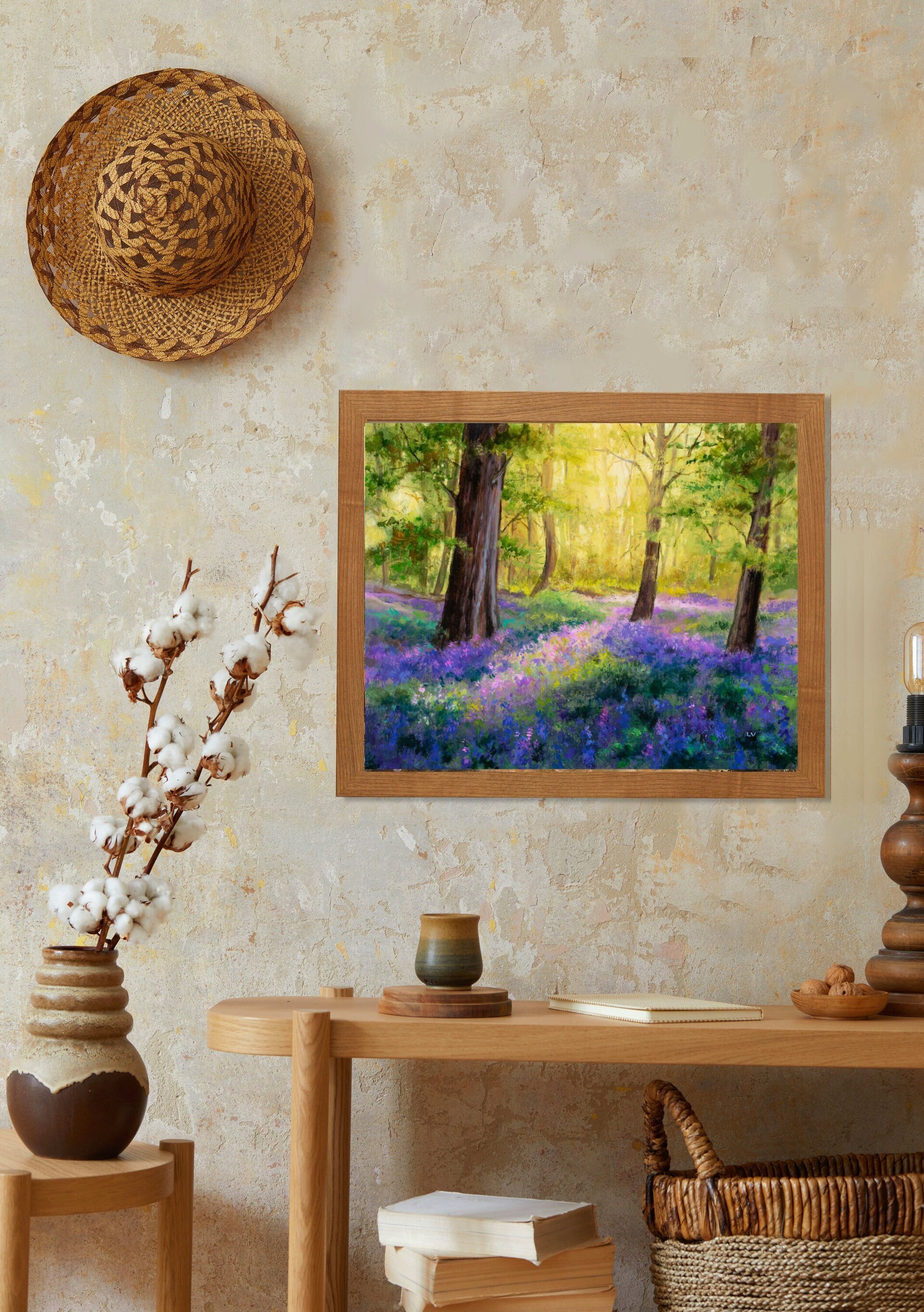 Pintura de campanillas azules en un bosque de hayas con luz entre los árboles - 10