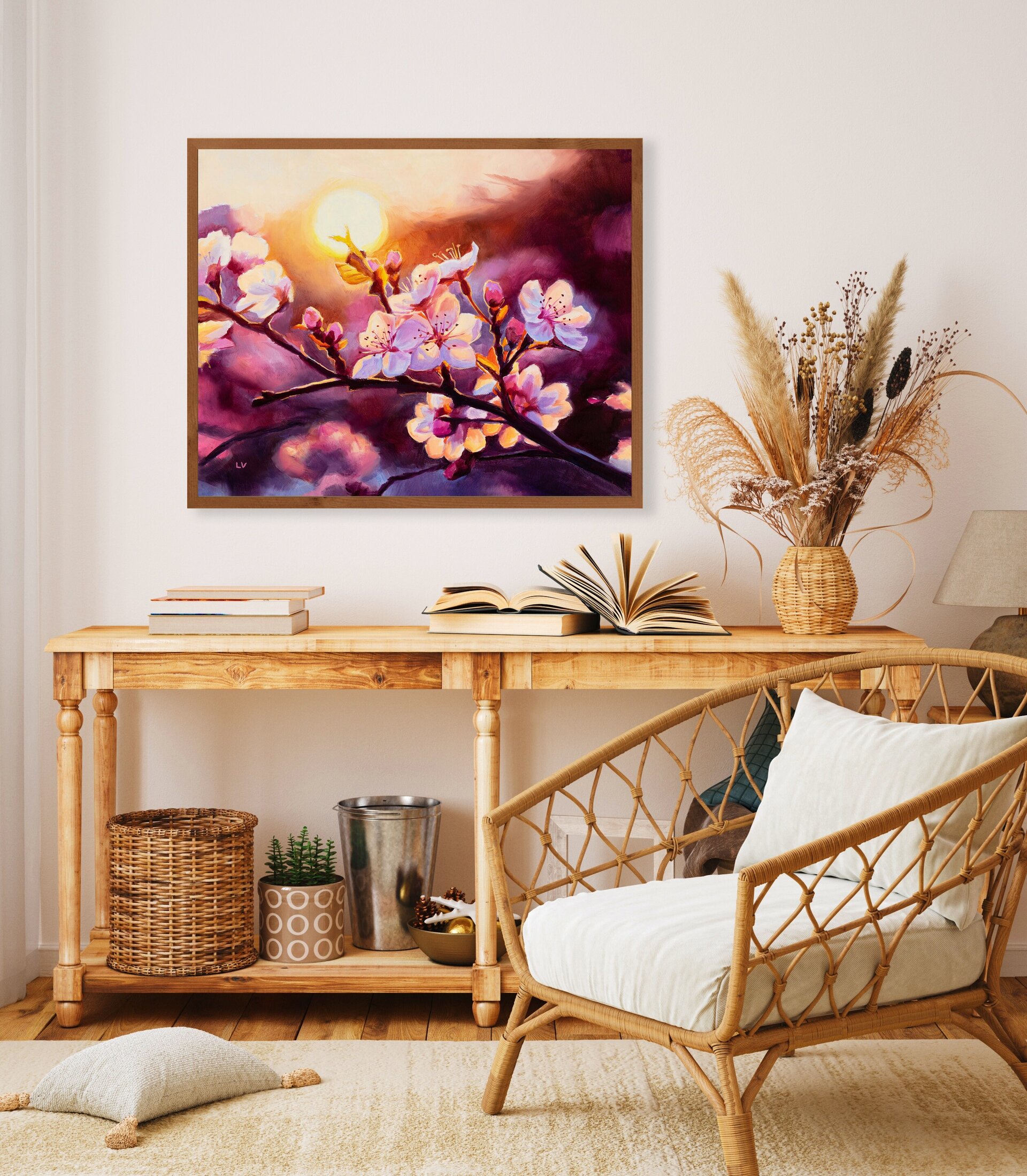 Pintura al óleo de cerezos en flor al atardecer, Cuadro floral rosa botánico - 6