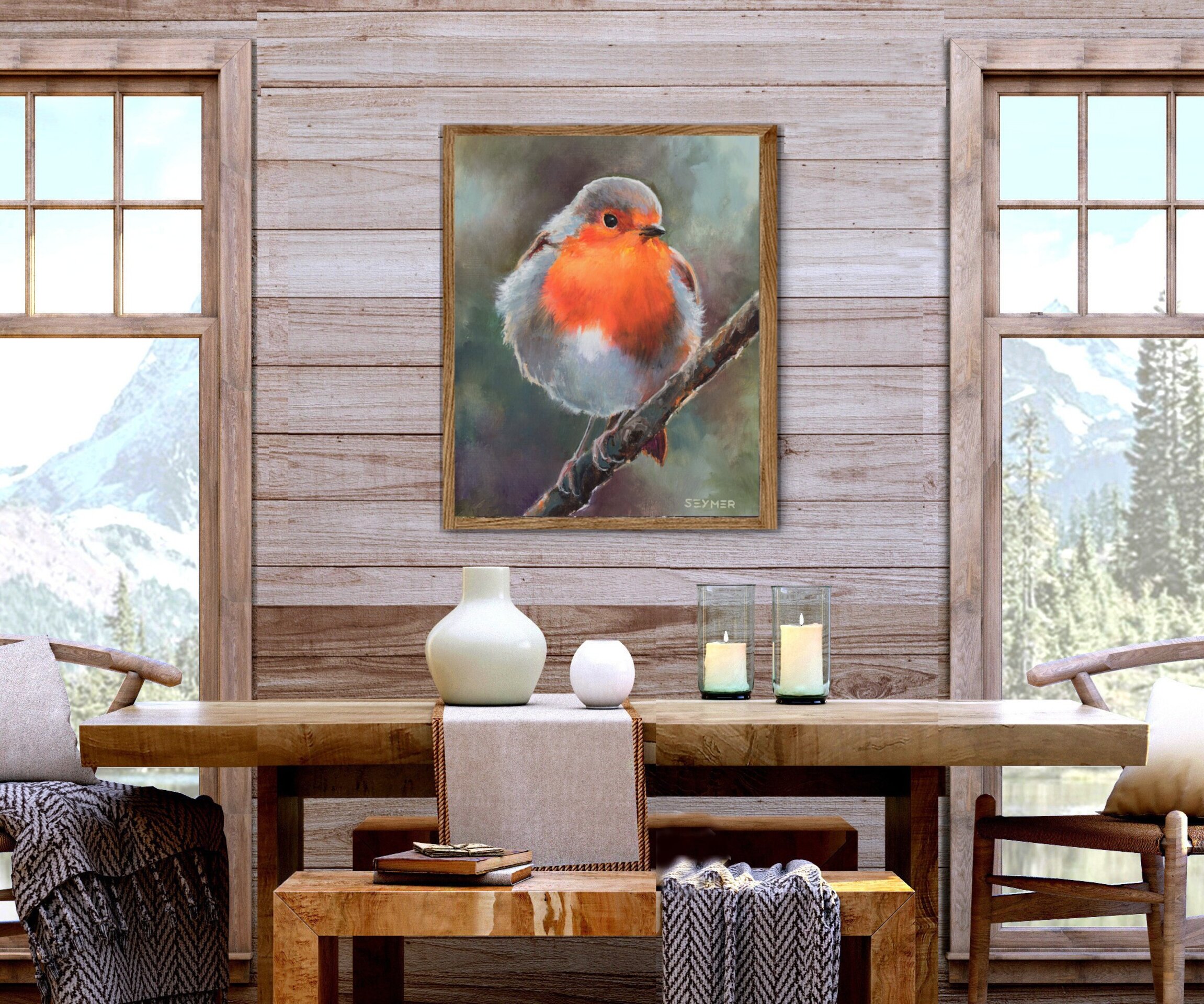 Pintura de pájaro petirrojo sobre rama libre y felíz, Arte de realismo animal - 9