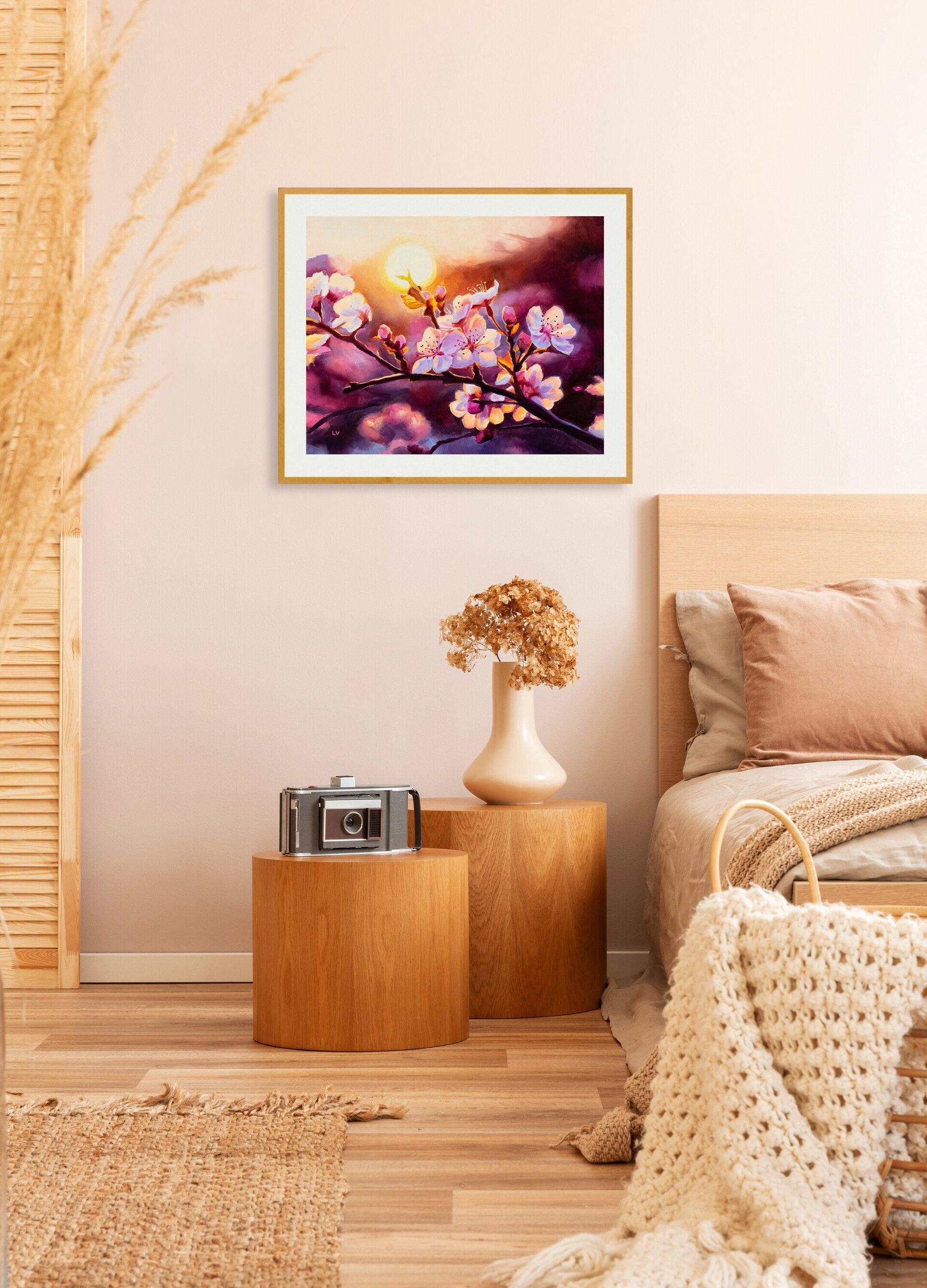 Pintura al óleo de cerezos en flor al atardecer, Cuadro floral rosa botánico - 8