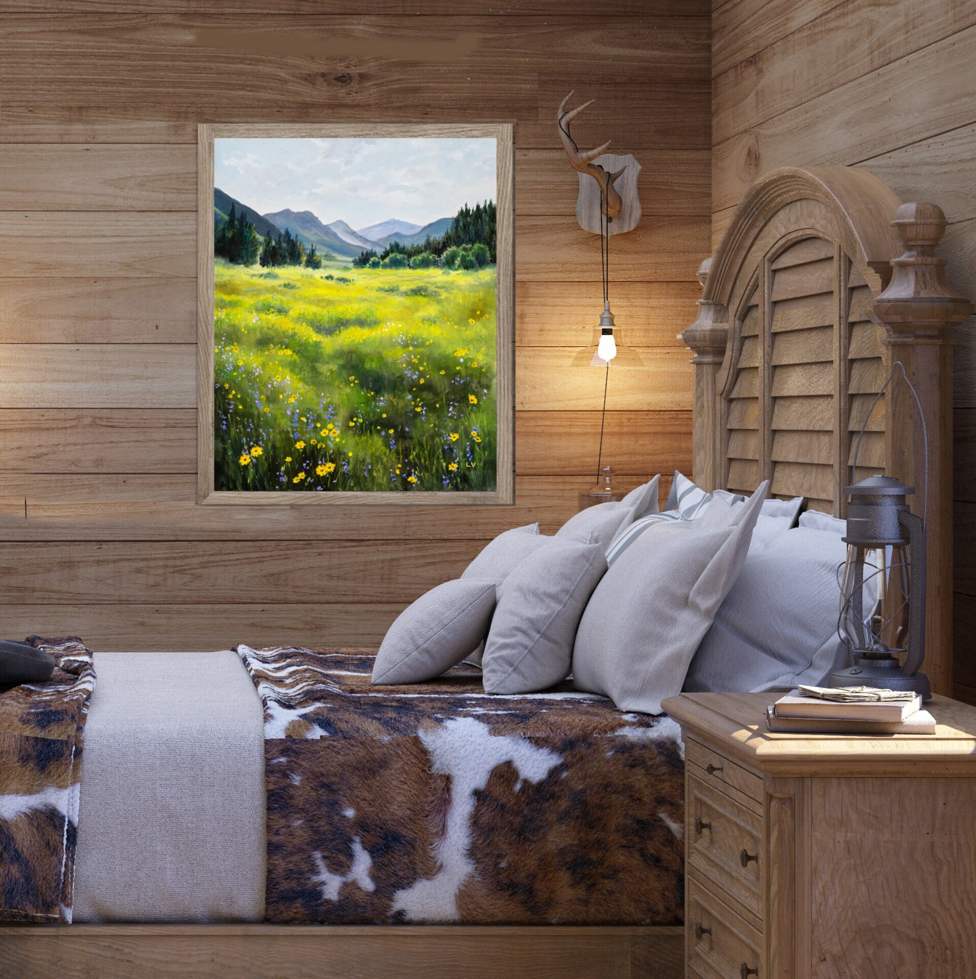 Pintura de paisaje de campo verde con flores amarillas y montañas en la lejanía - 8
