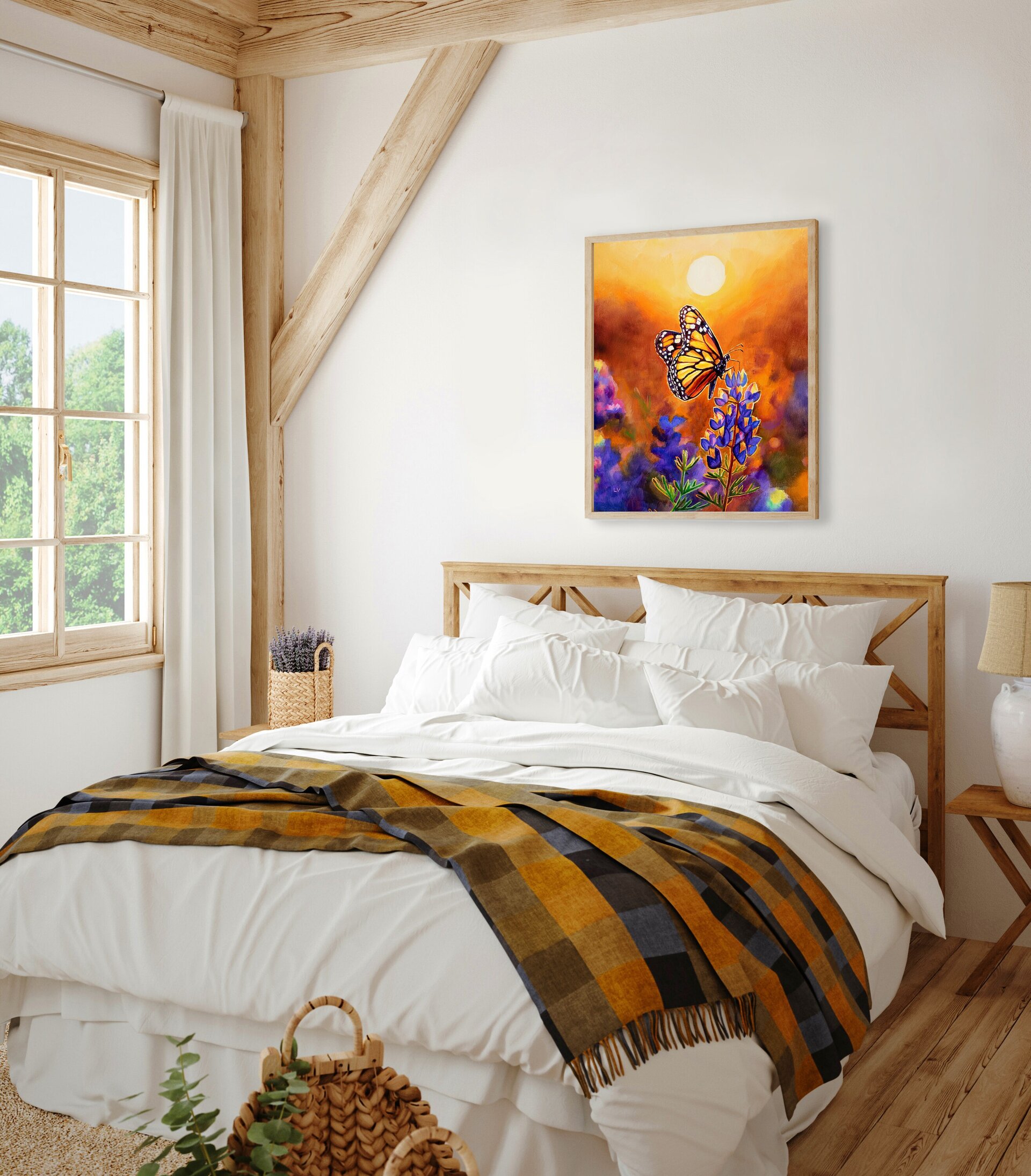 Cuadro al óleo de mariposa monarca sobre flores moradas al atardecer - 10