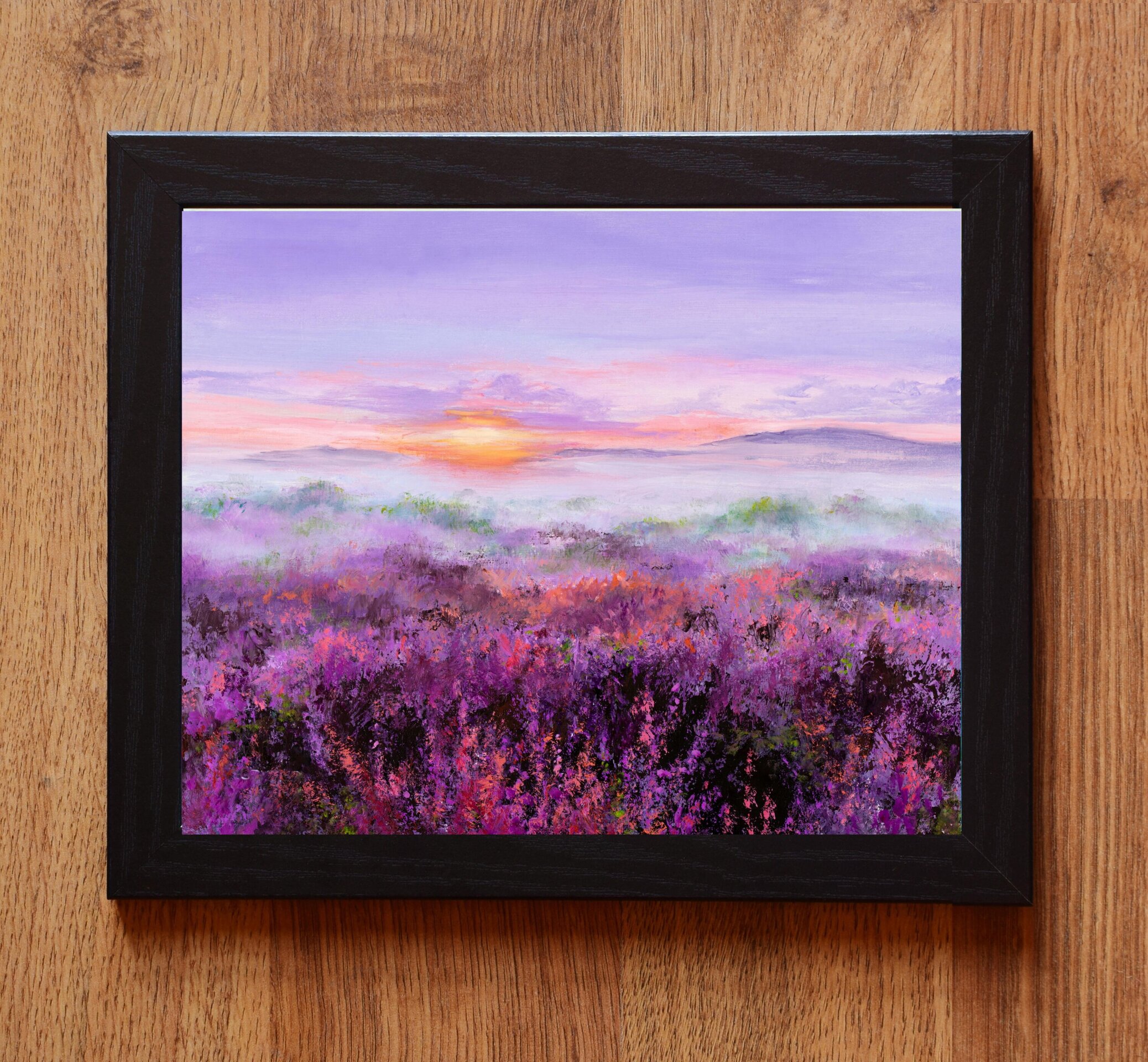 Pintura de campo de lavanda con tonos morados y rosa, flores en colores suaves - 2