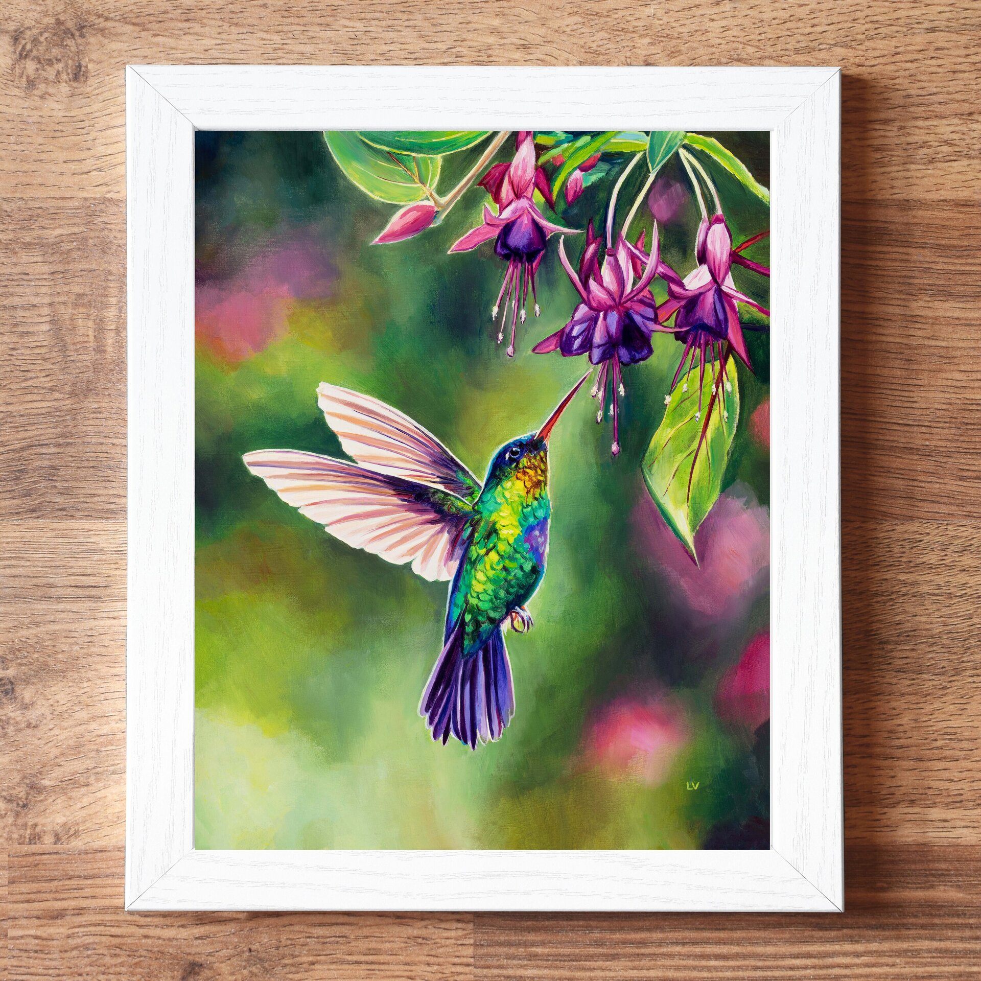 Pájaro colibrí volando con flores tropicales, Cuadro al óleo de ave exótica - 4