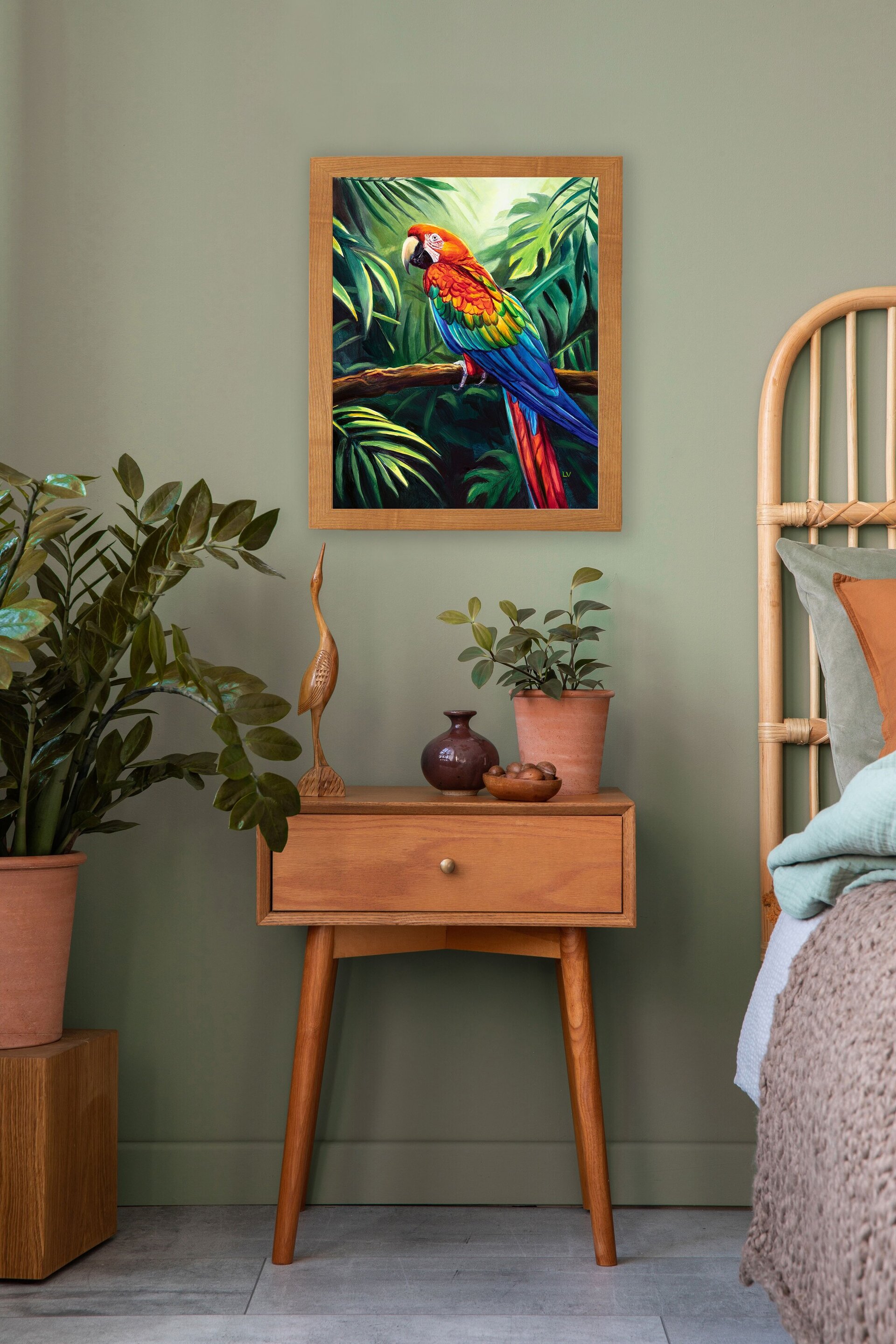 Cuadro de loro guacamayo rojo en la jungla, Pintura a óleo de animales salvajes - 8