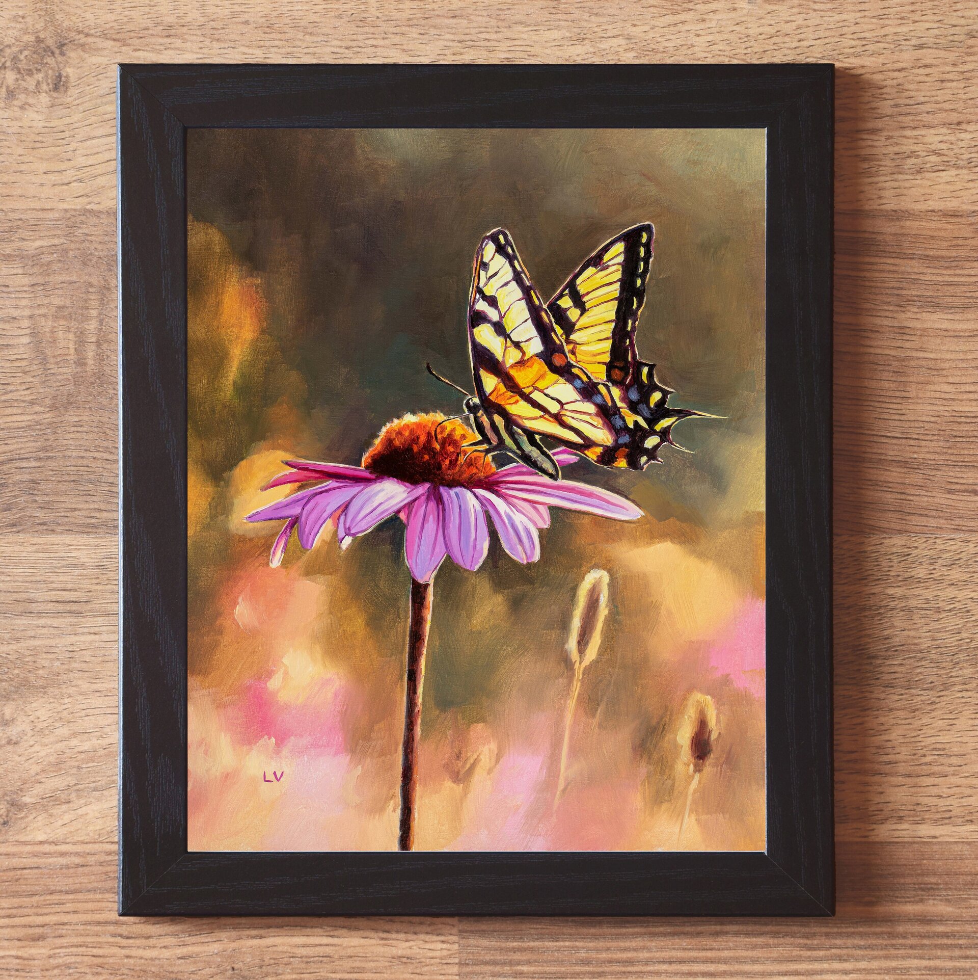 Cuadro al óleo de mariposa papilio sobre una margarita rosa, Ilustración insecto - 2