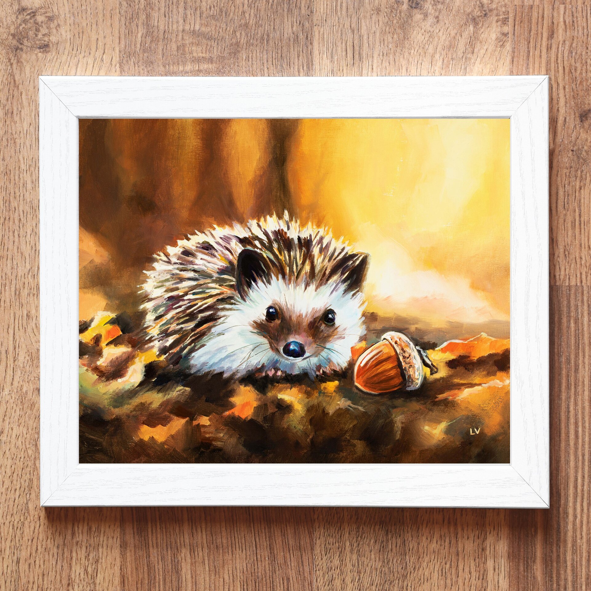 Cuadro de erizo con una bellota en el bosque otoñal, Pintura infantil animales - 4