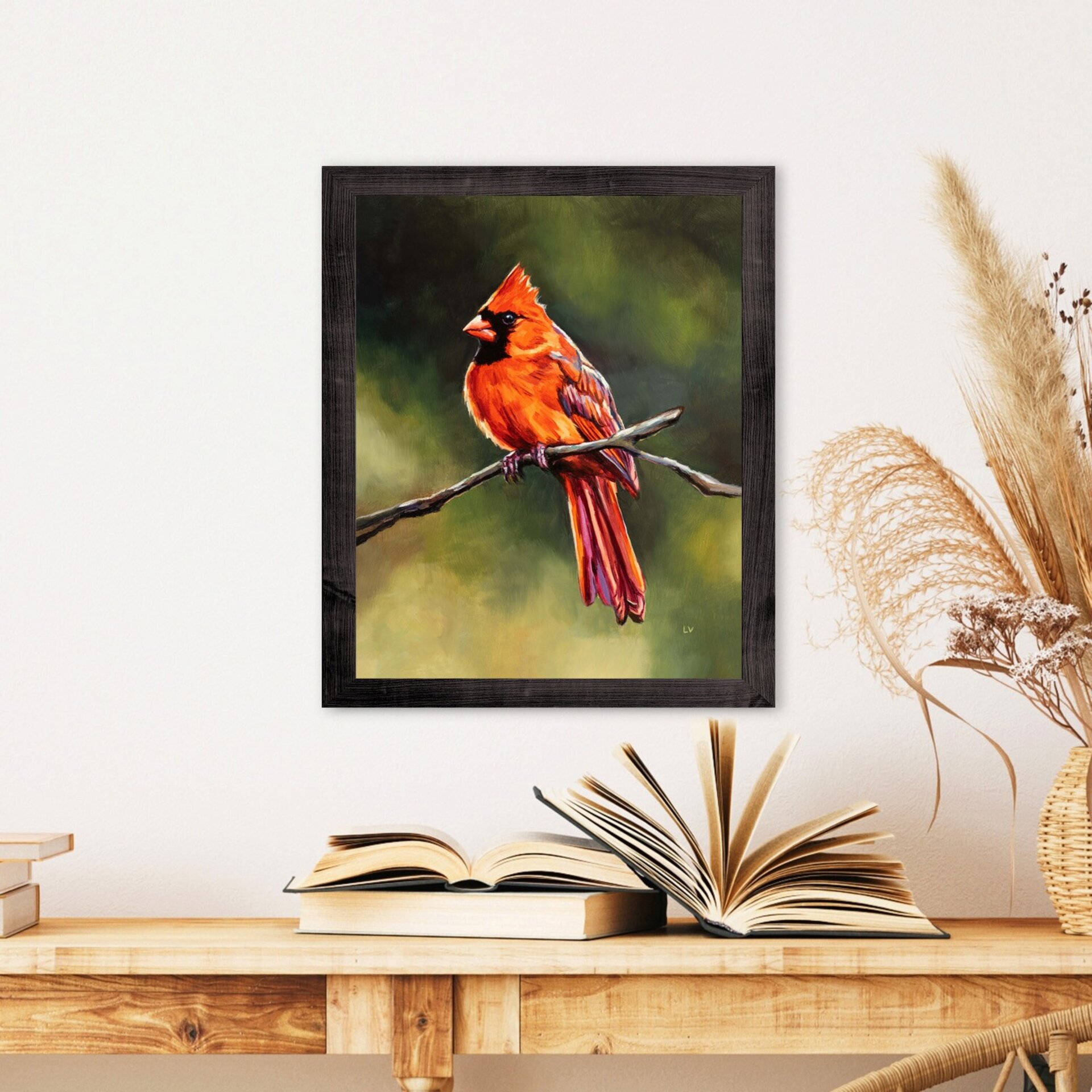 Retrato al óleo de un pajaro cardenal rojo sobre una rama, Pintura de animales - 10