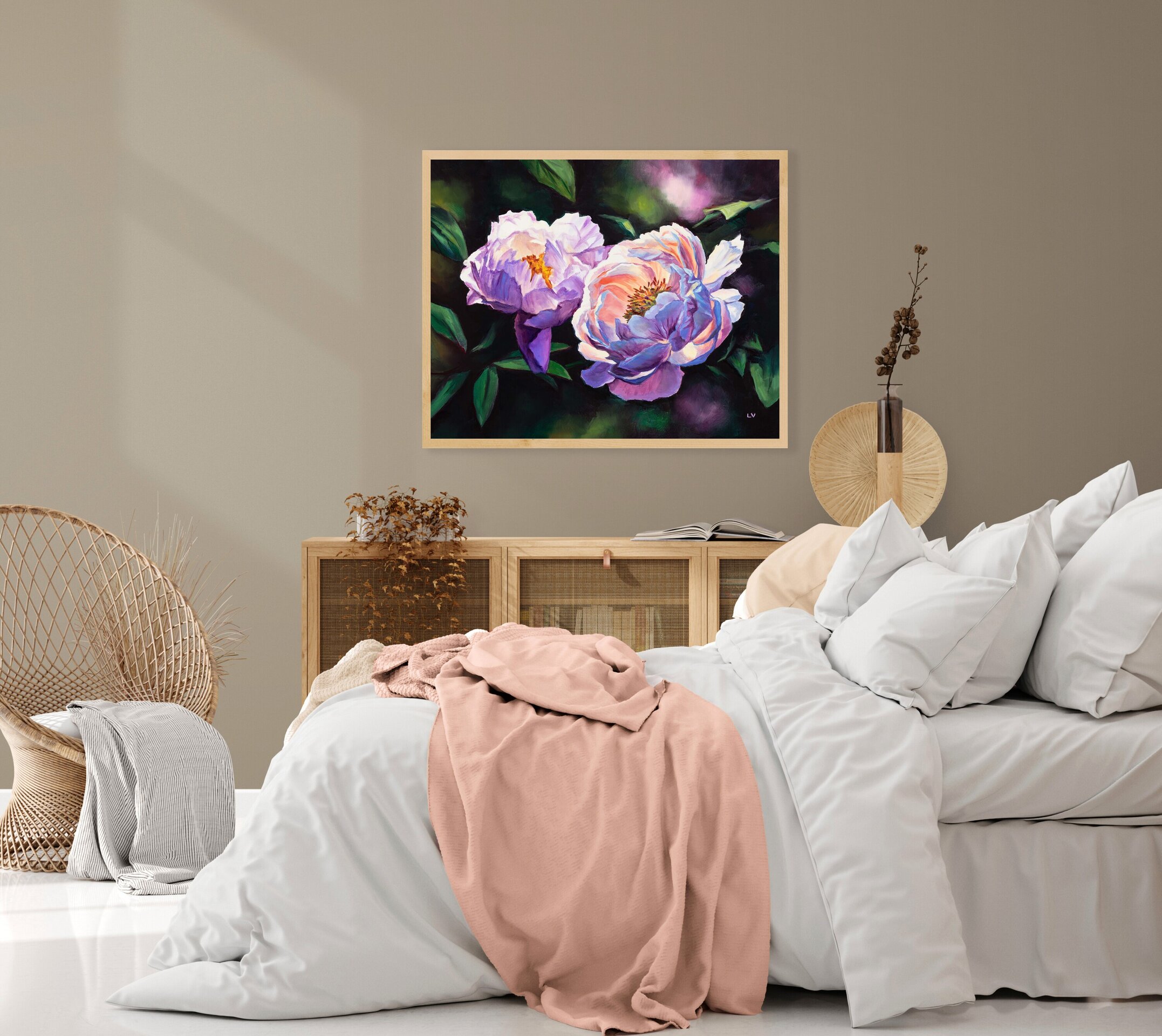 Bodegón floral con peonías rosa de jardín, Pintura botánica al óleo realista - 6