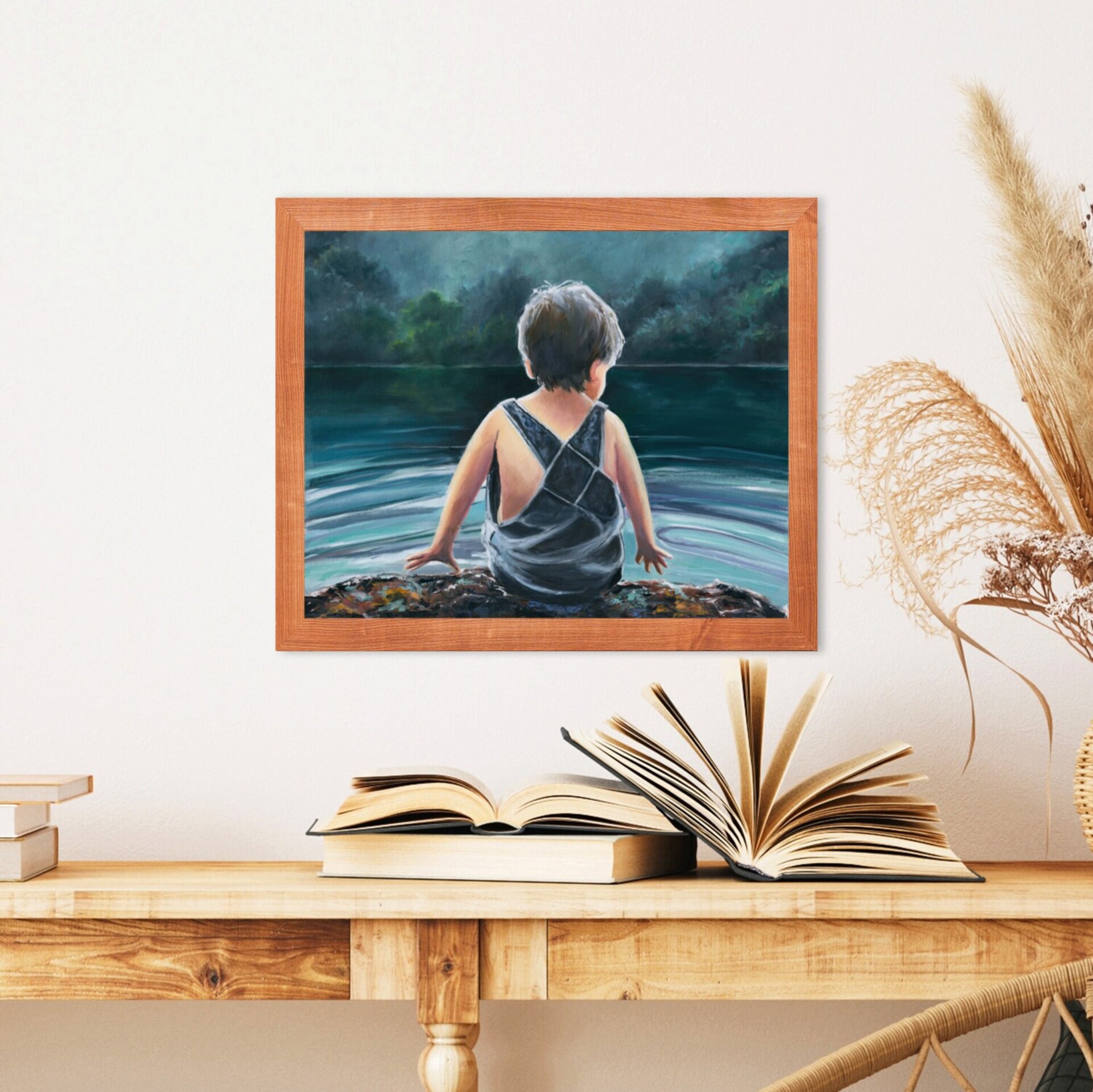 Pintura de lago de noche con niño jugando con el agua bajo reflejo de luna llena - 5