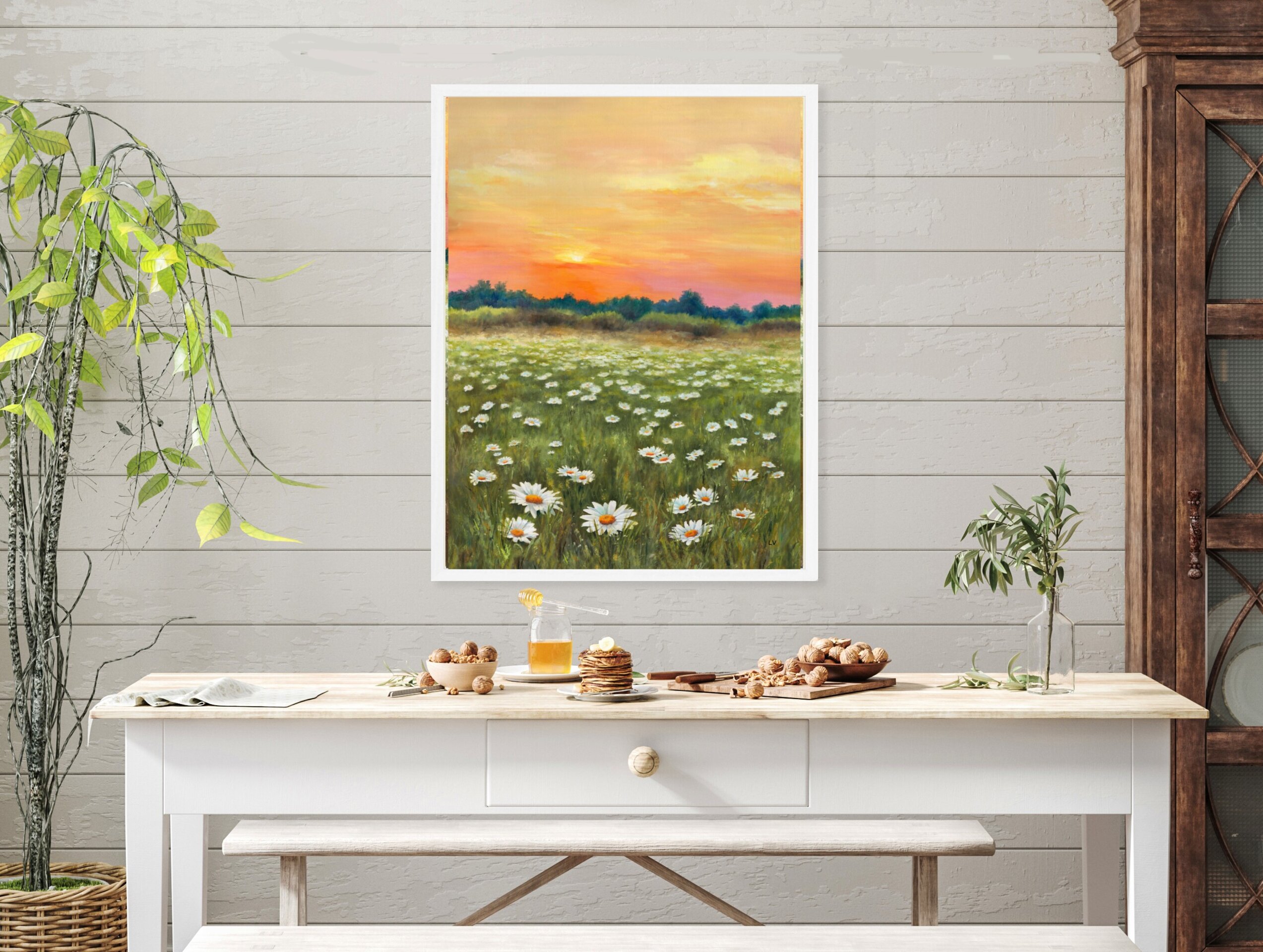 Pintura de campo de margaritas en puesta de sol, Paisaje de flores en primavera - 8