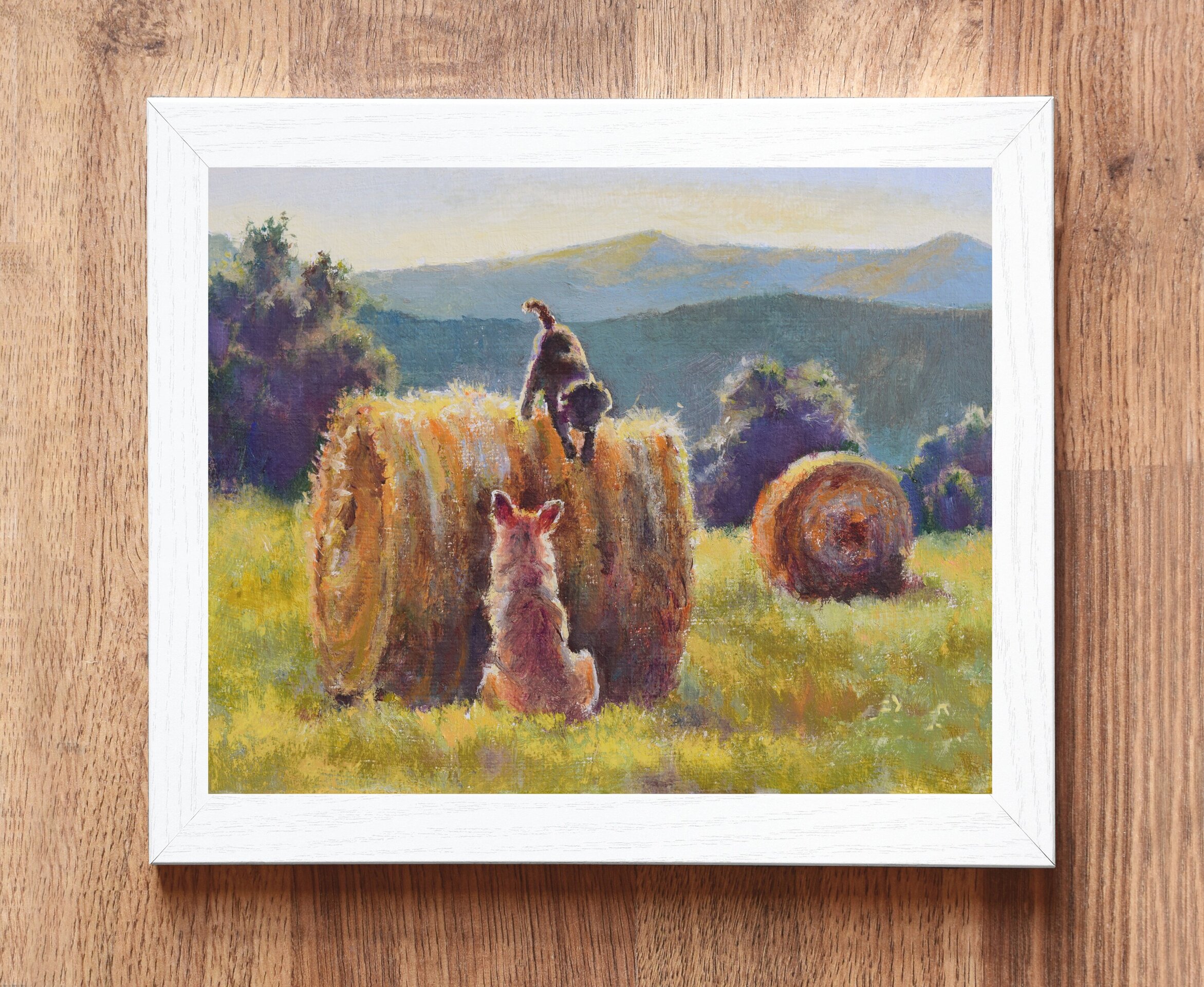 Óleo de perros jugando en bala de heno, Paisaje pintoresco, Animales, naturaleza - 4