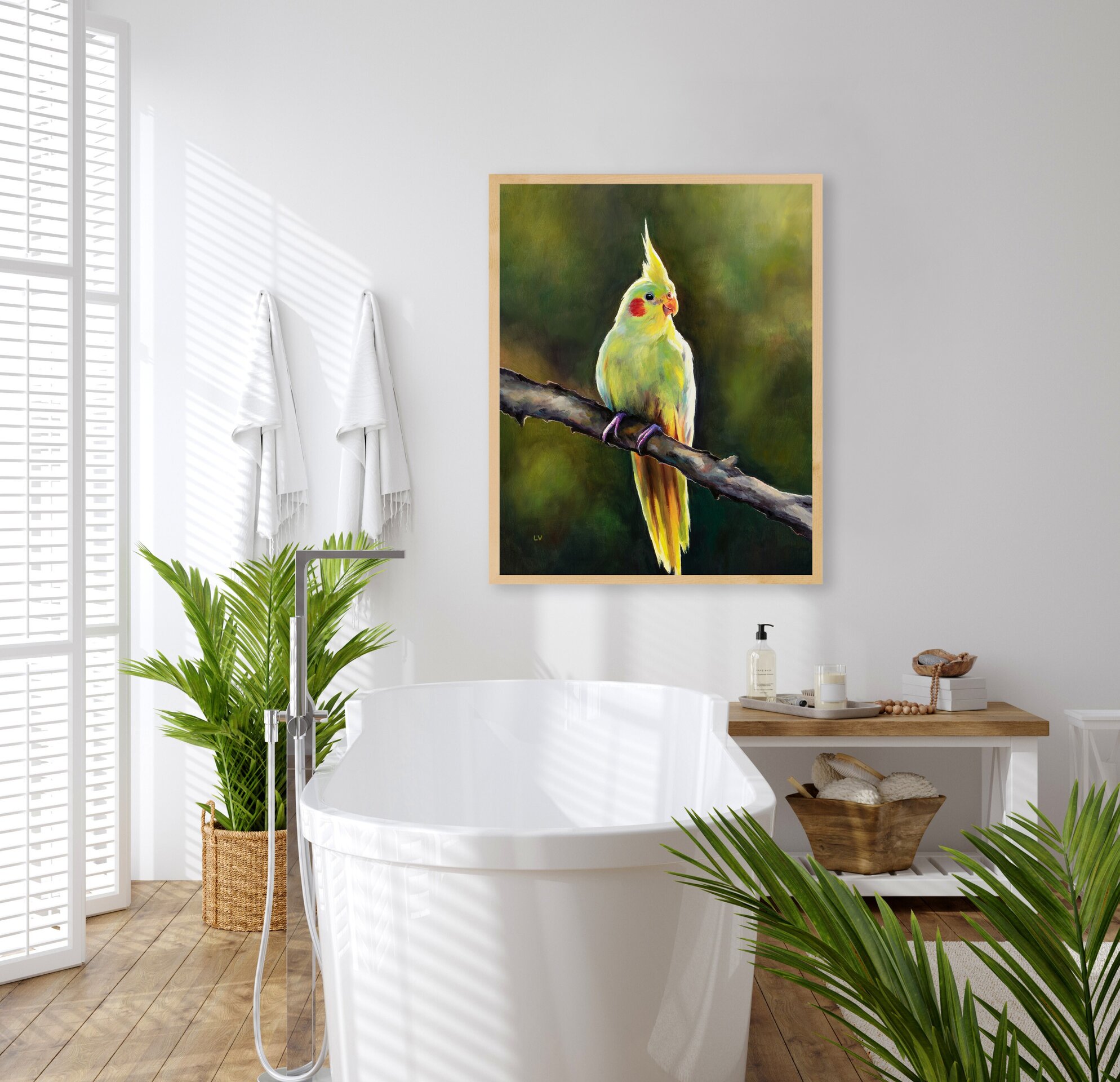 Retrato de ninfa amarilla al óleo, Pintura de pájaro tropical sobre una rama - 11