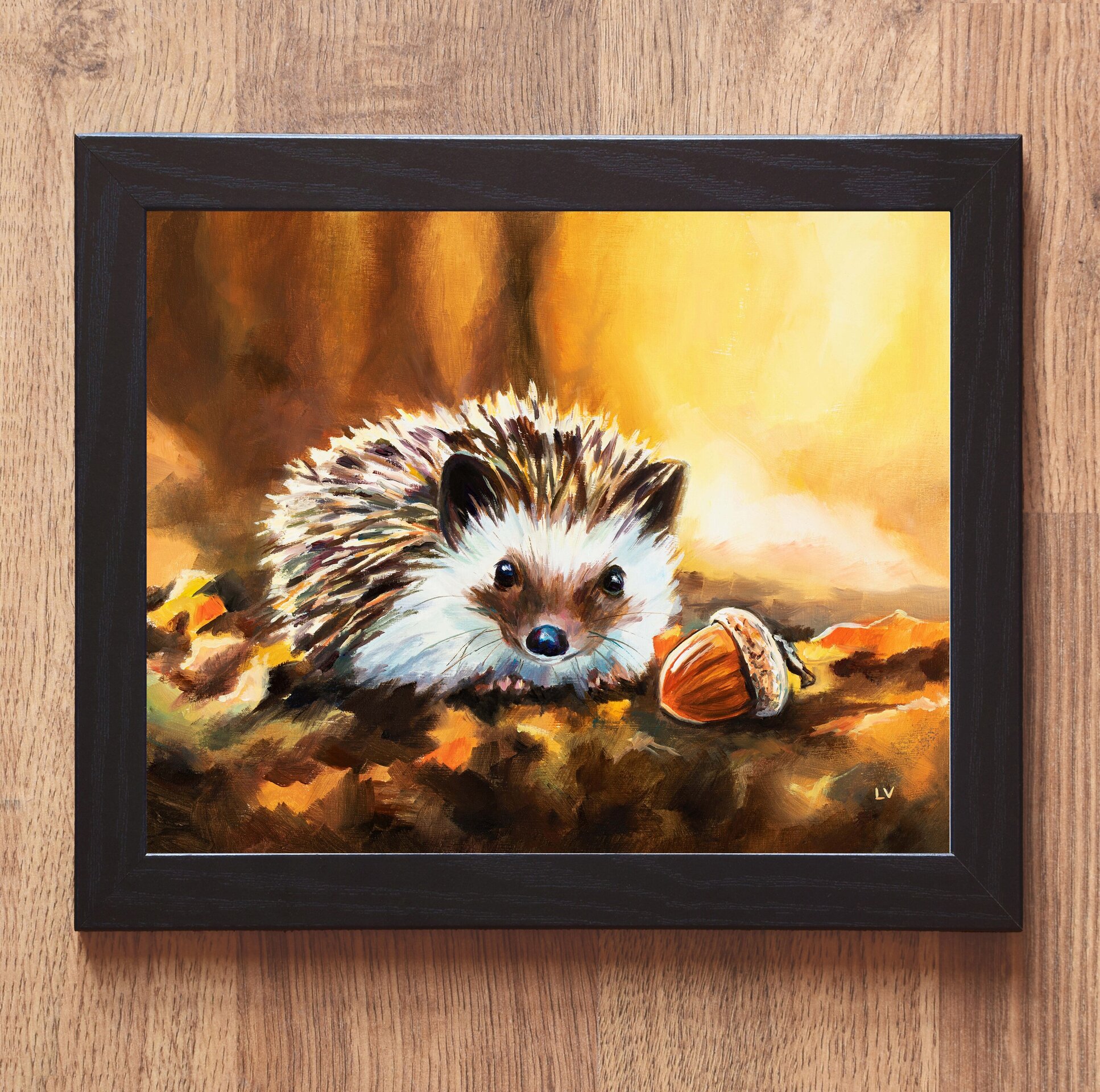 Cuadro de erizo con una bellota en el bosque otoñal, Pintura infantil animales - 2