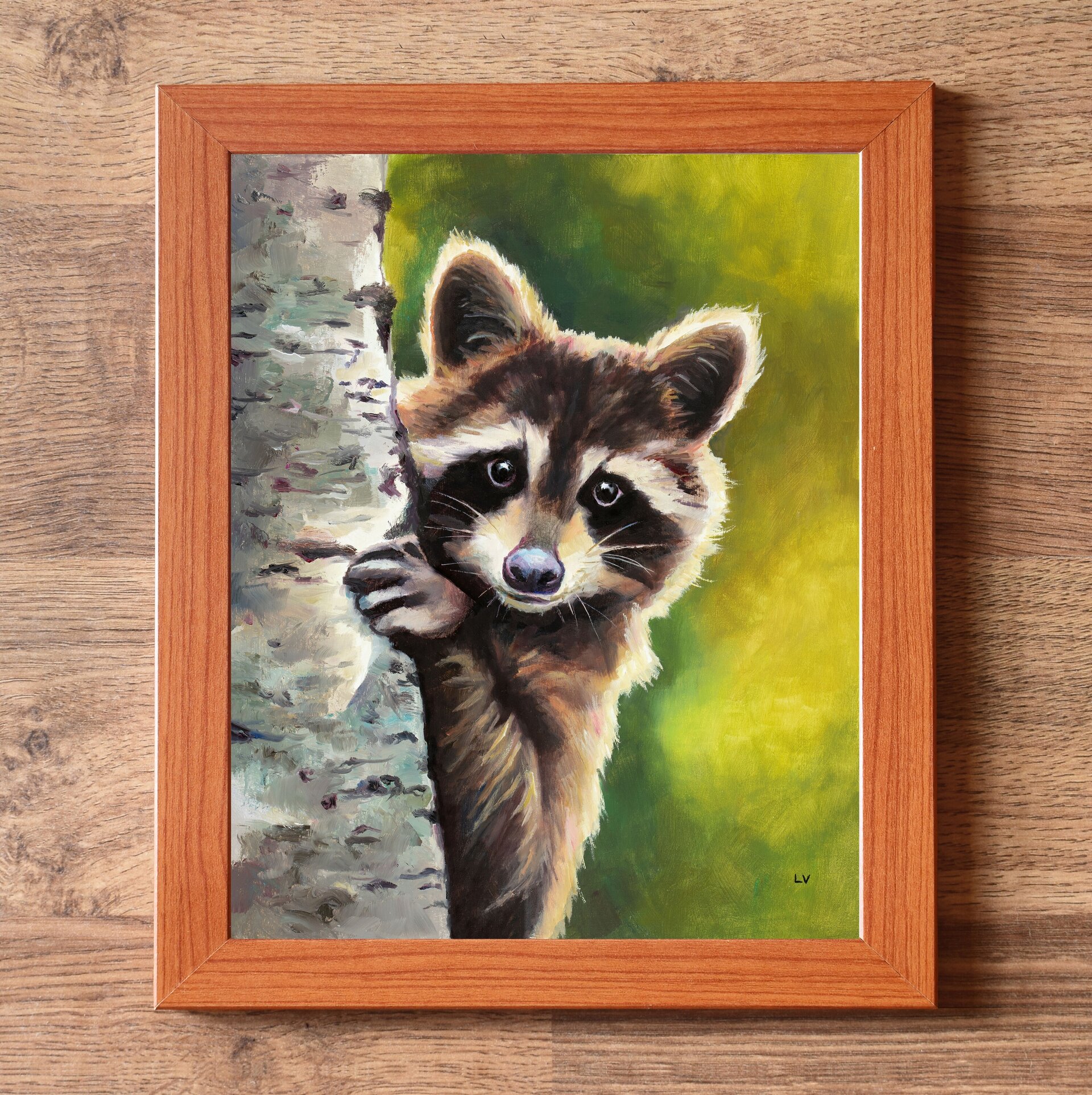 Retrato al óleo de un mapache asomado en un tronco, Pintura realista de animales - 3