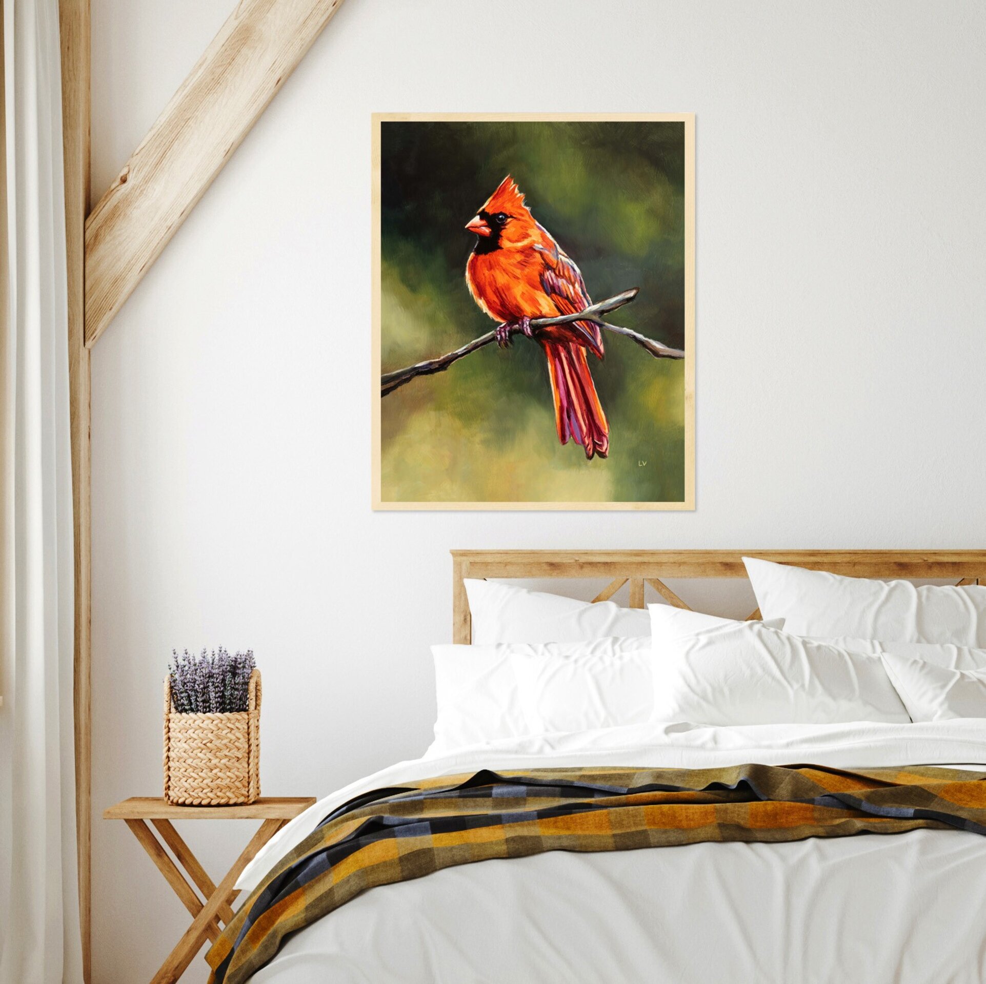 Retrato al óleo de un pajaro cardenal rojo sobre una rama, Pintura de animales - 14