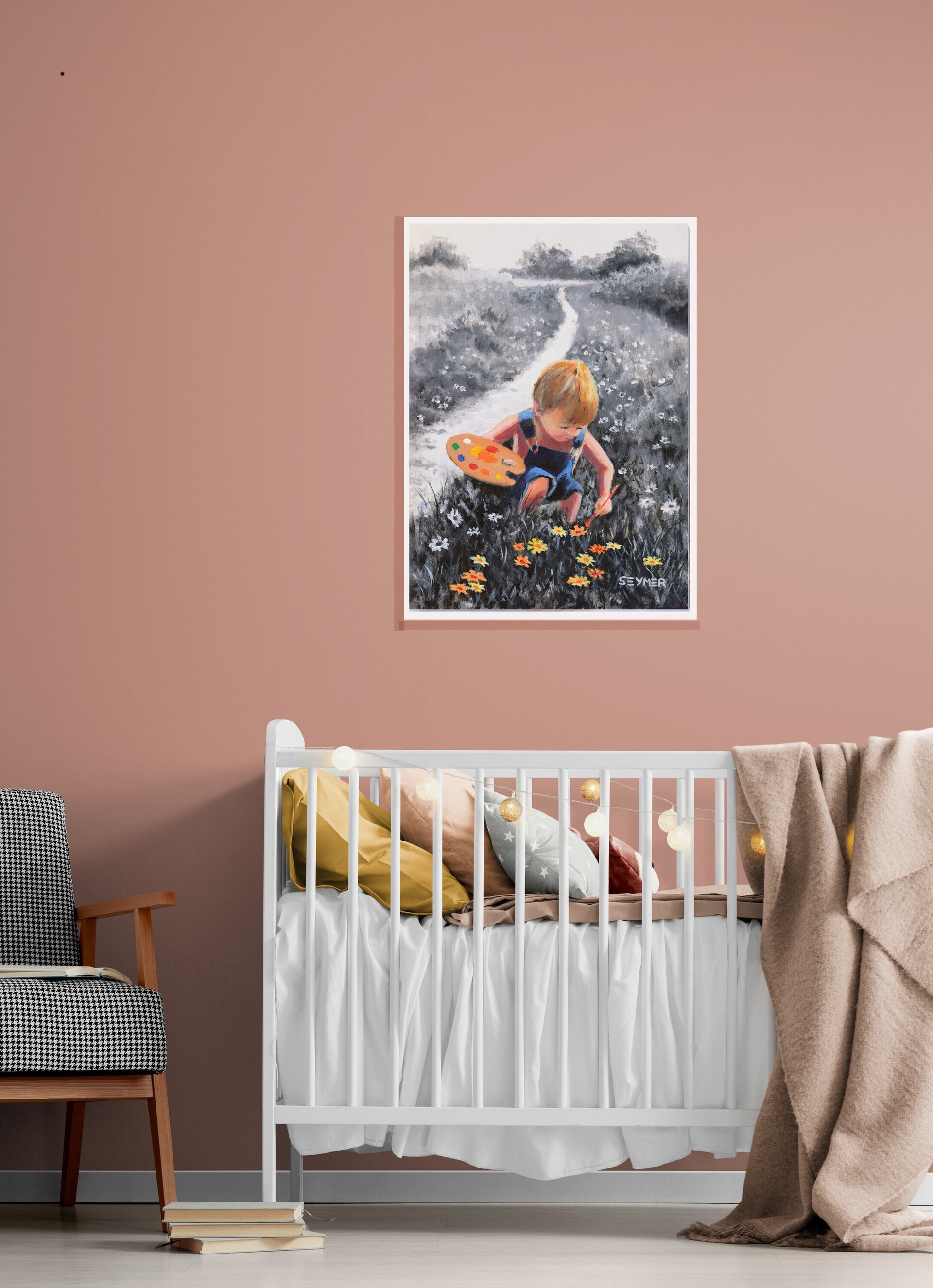 Cuadro Niño coloreando paisaje blanco y negro, Esperanza, poder de imaginación - 2