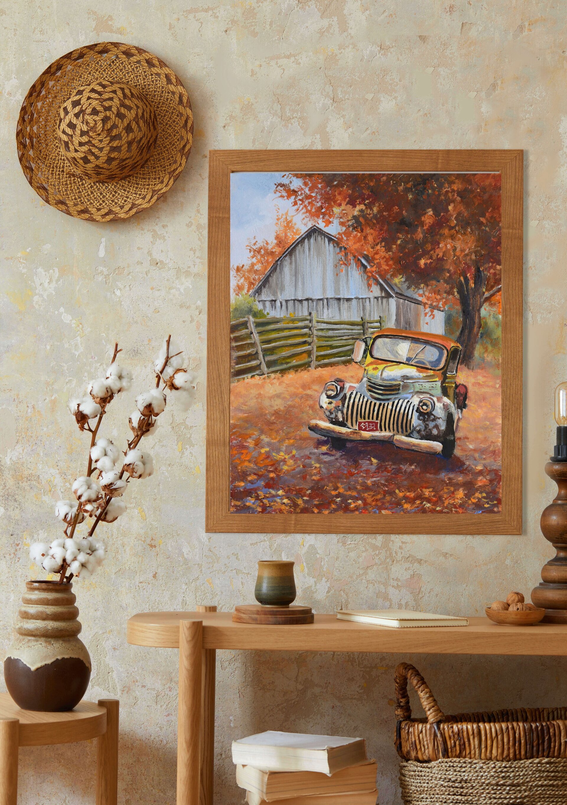 Óleo de Paisaje rural con viejo coche pickup y hojas de otoño en granero vintage - 9