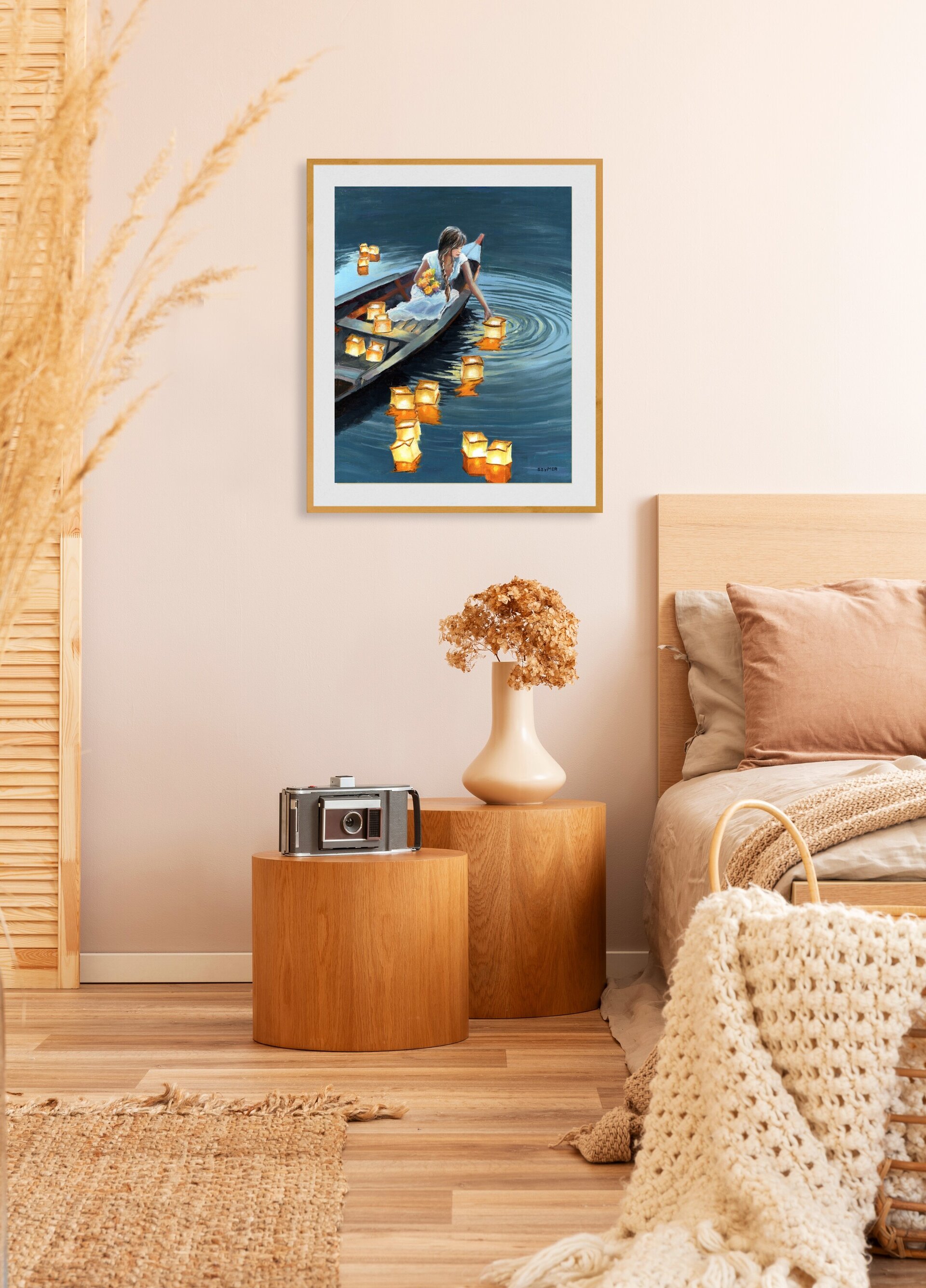 Pintura chica en barca con farolillos de luz en lago de noche, Amor, alma y paz - 10