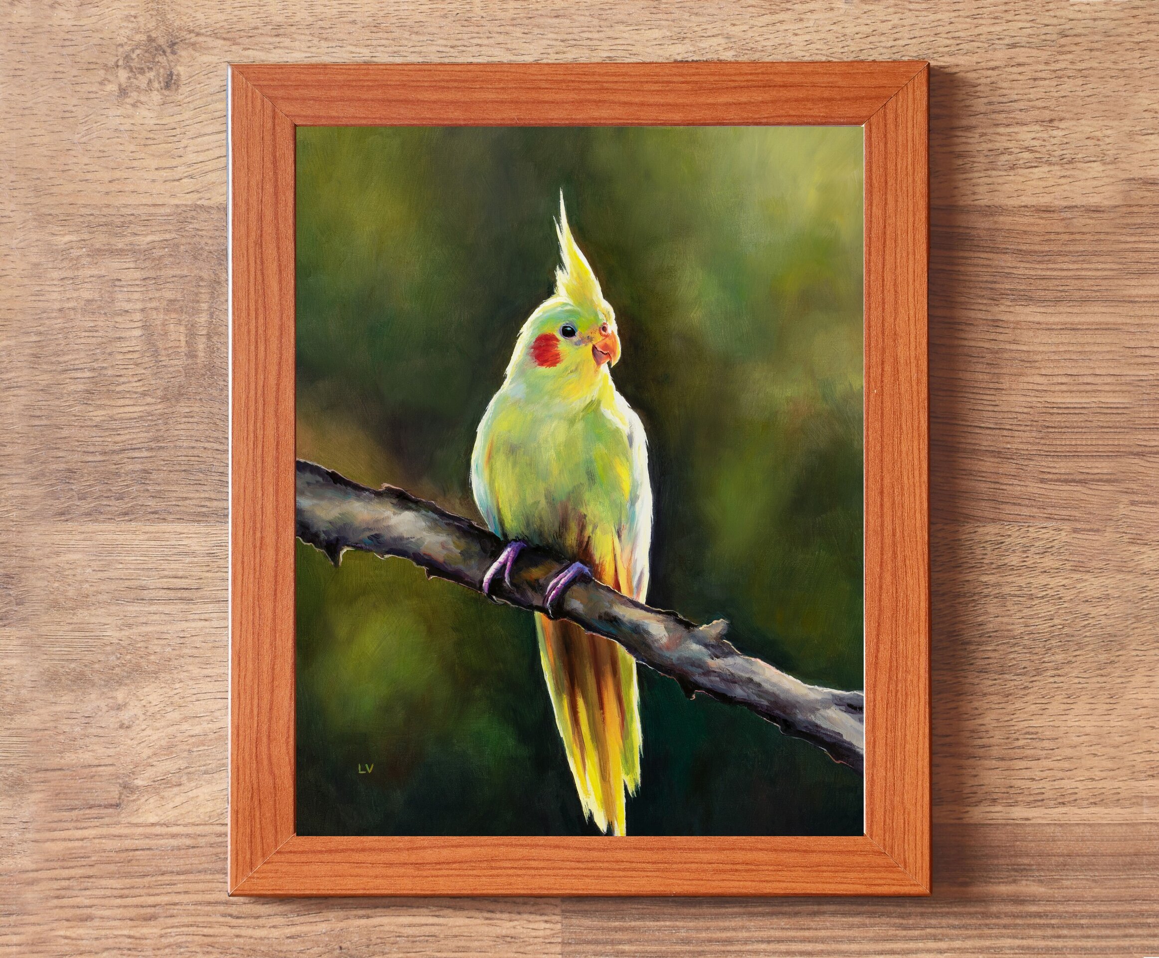 Retrato de ninfa amarilla al óleo, Pintura de pájaro tropical sobre una rama - 3