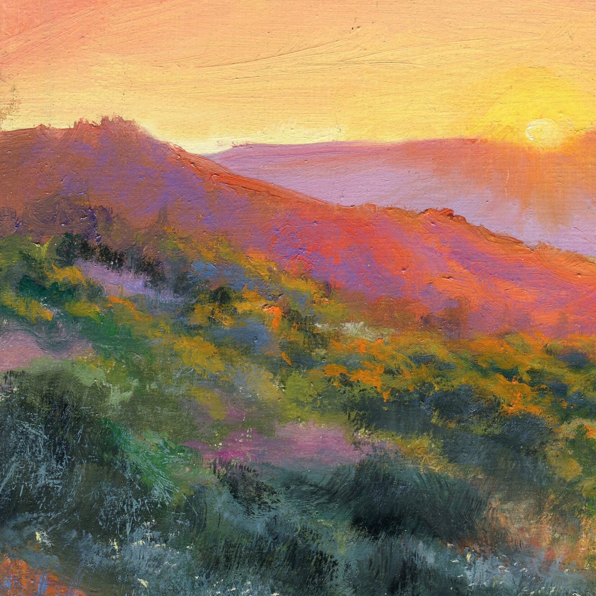 Óleo de desierto con colores intensos naranjas y azules. Montañas y profundidad - 7