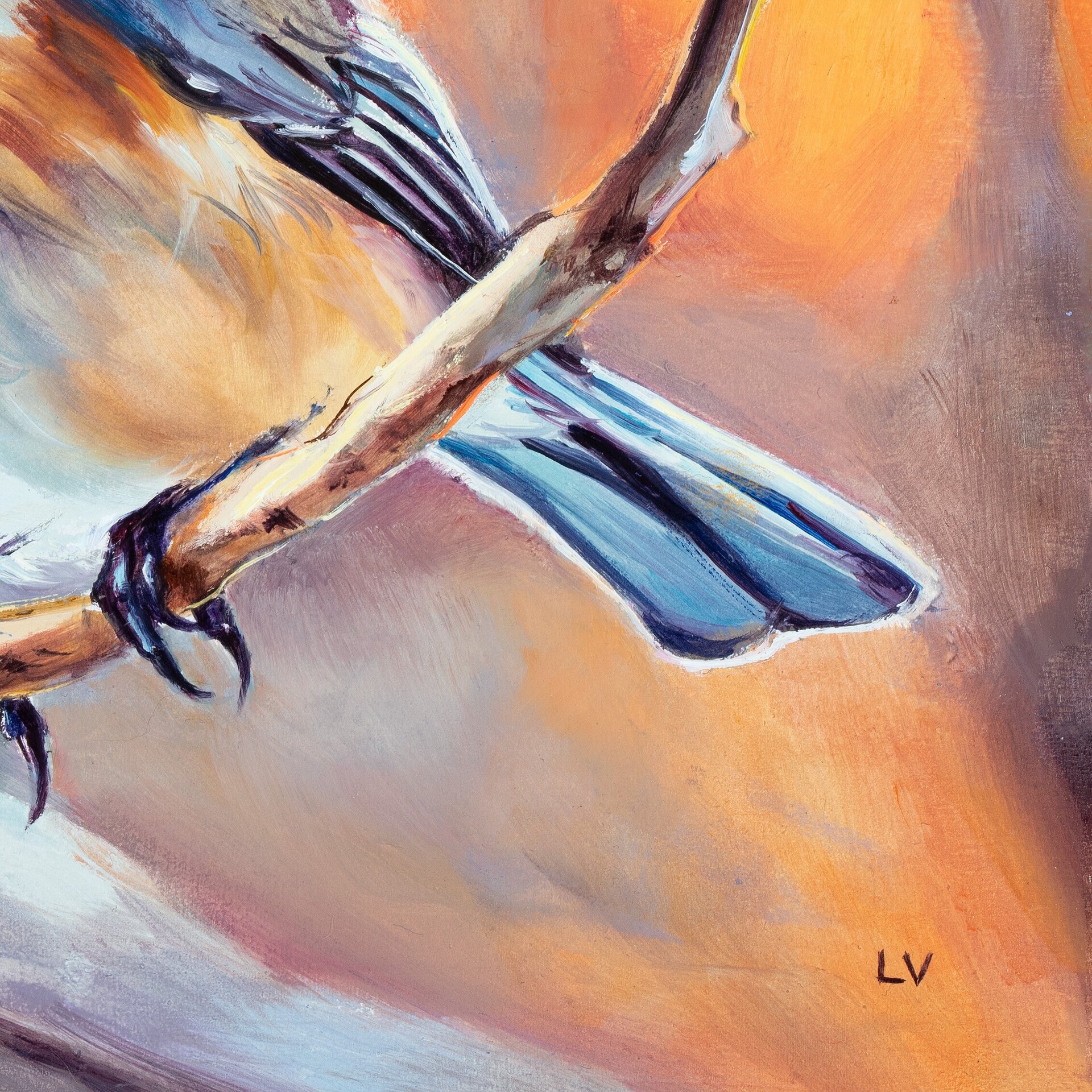 Pintura al óleo de pájaro carbonero cabecinegro sobre una rama del bosque - 14