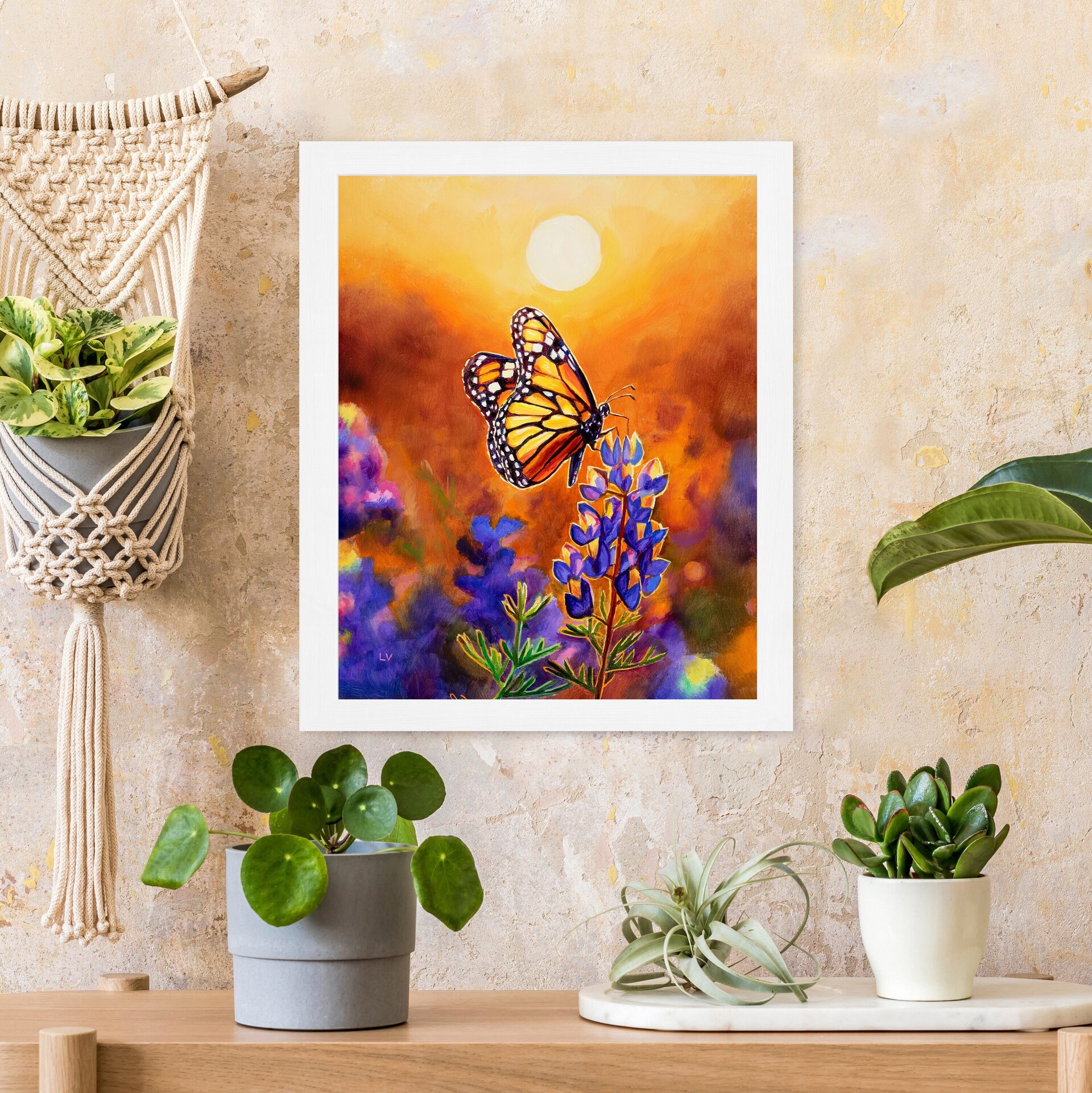 Cuadro al óleo de mariposa monarca sobre flores moradas al atardecer - 13