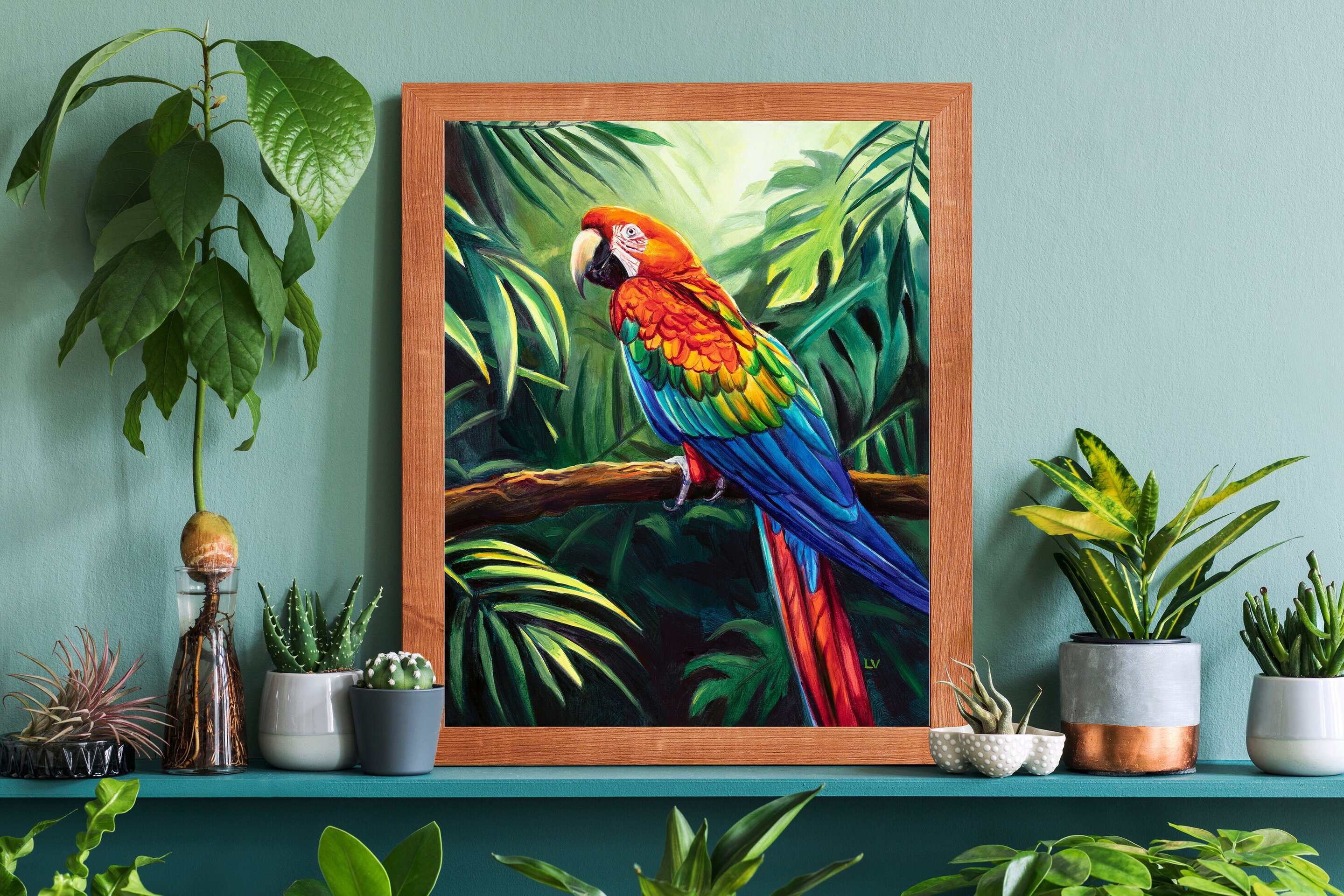 Cuadro de loro guacamayo rojo en la jungla, Pintura a óleo de animales salvajes - 6