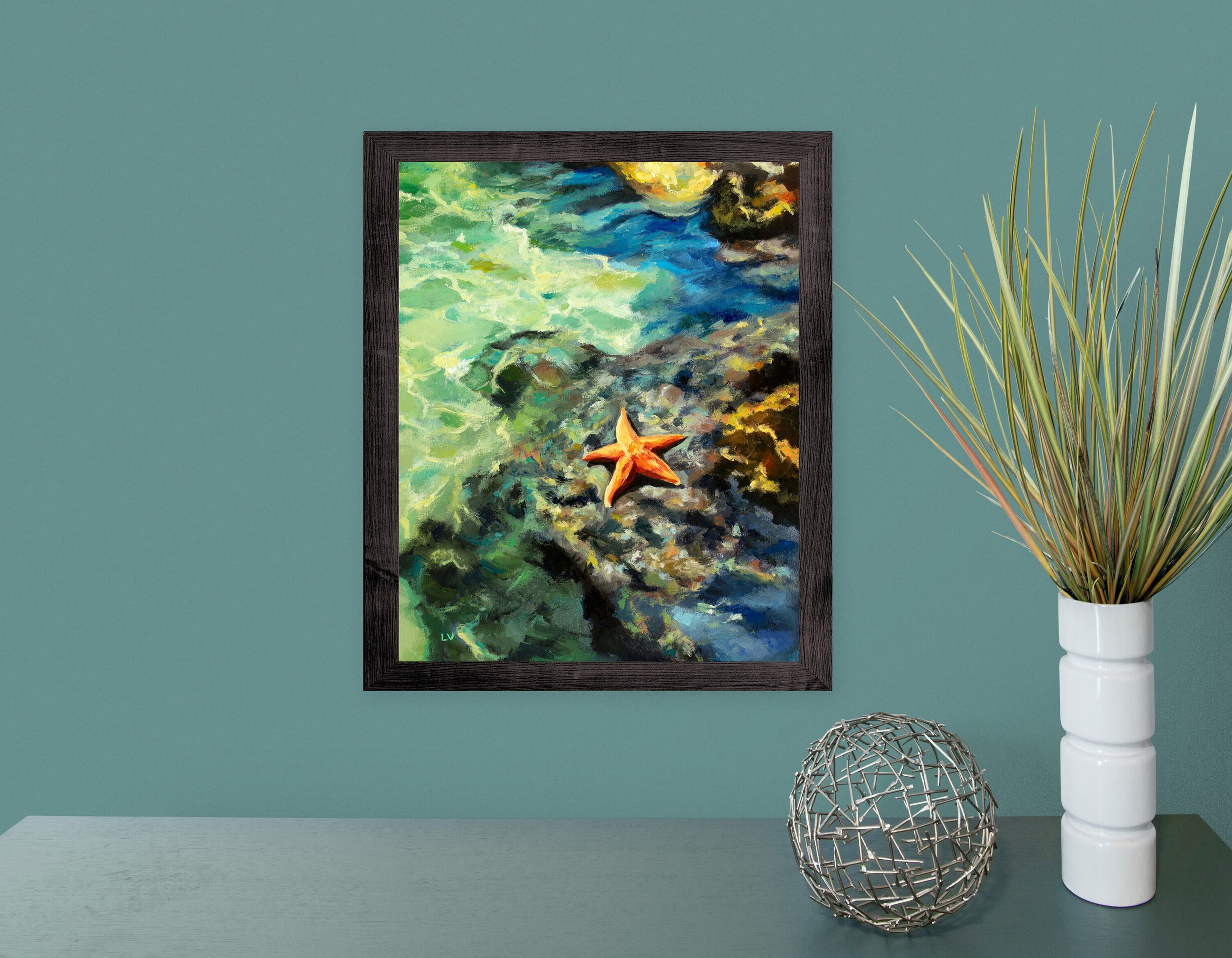 Cuadro al óleo de estrella de mar, Paisaje de océano con rocas, agua y olas - 6