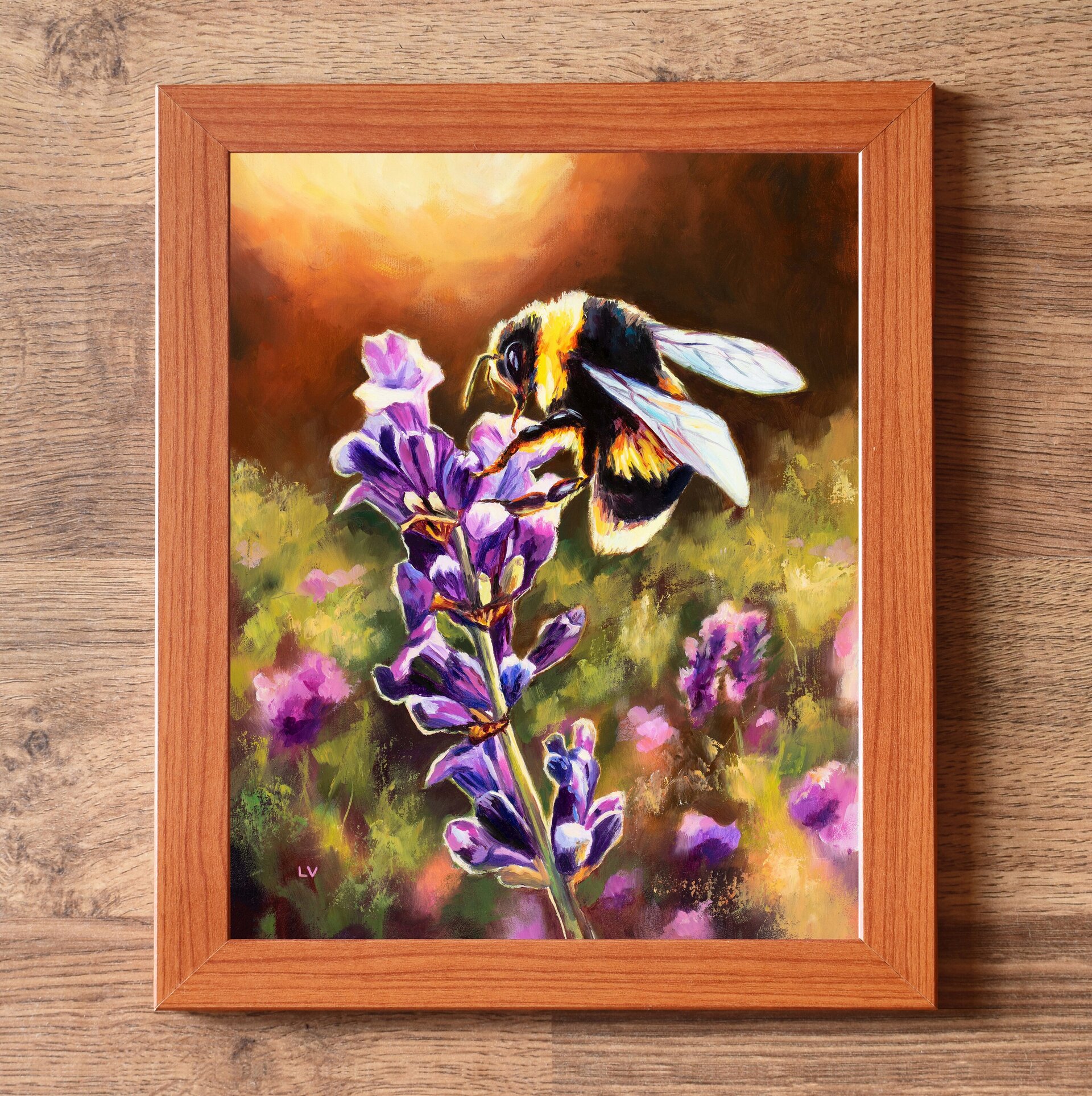 Pintura de abejorro en una flor de lavanda morada, Cuadro a óleo floral colorido - 3