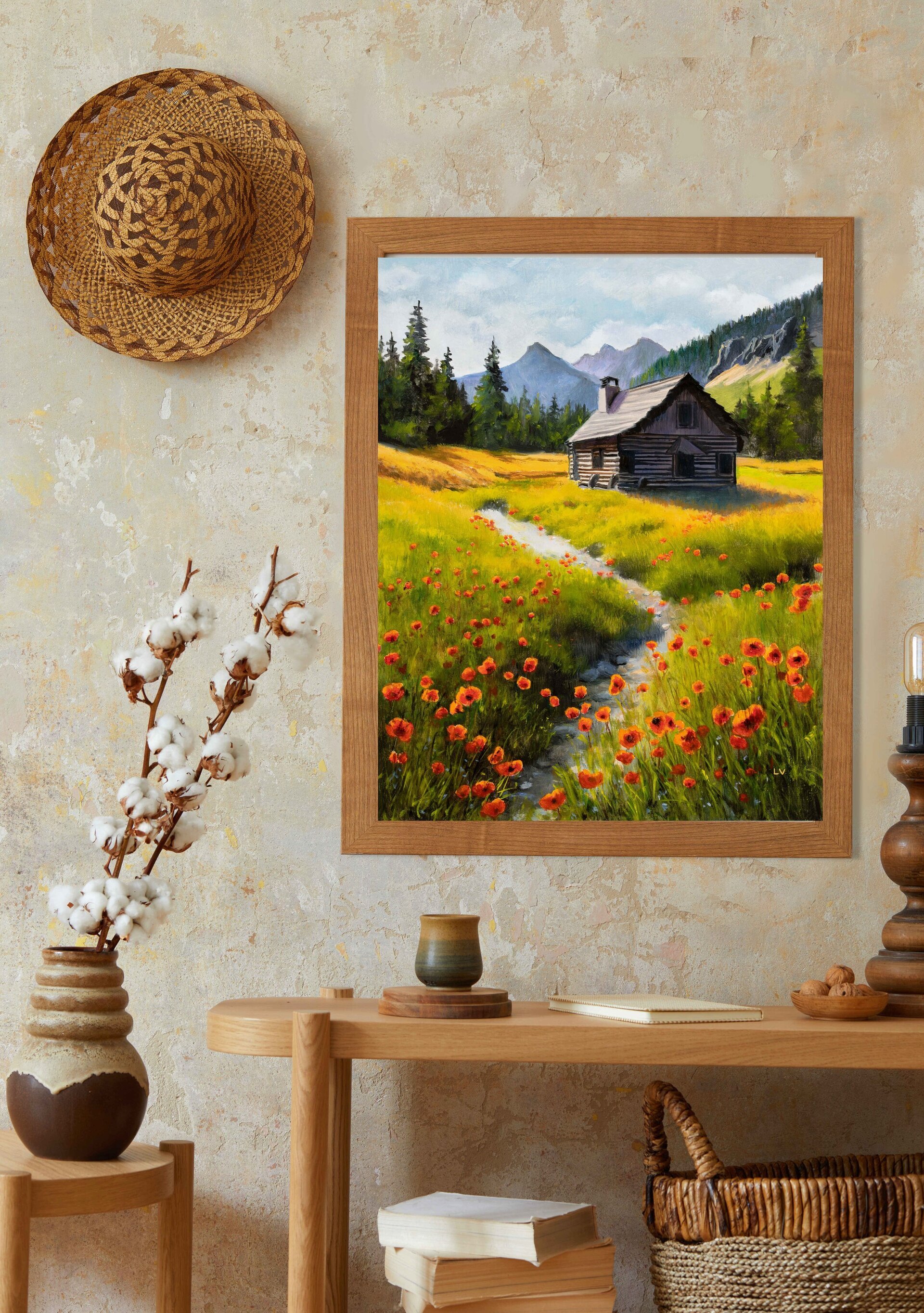 Pintura de paisaje de montaña, amapolas rojas con cabaña de madera, río y abetos - 10
