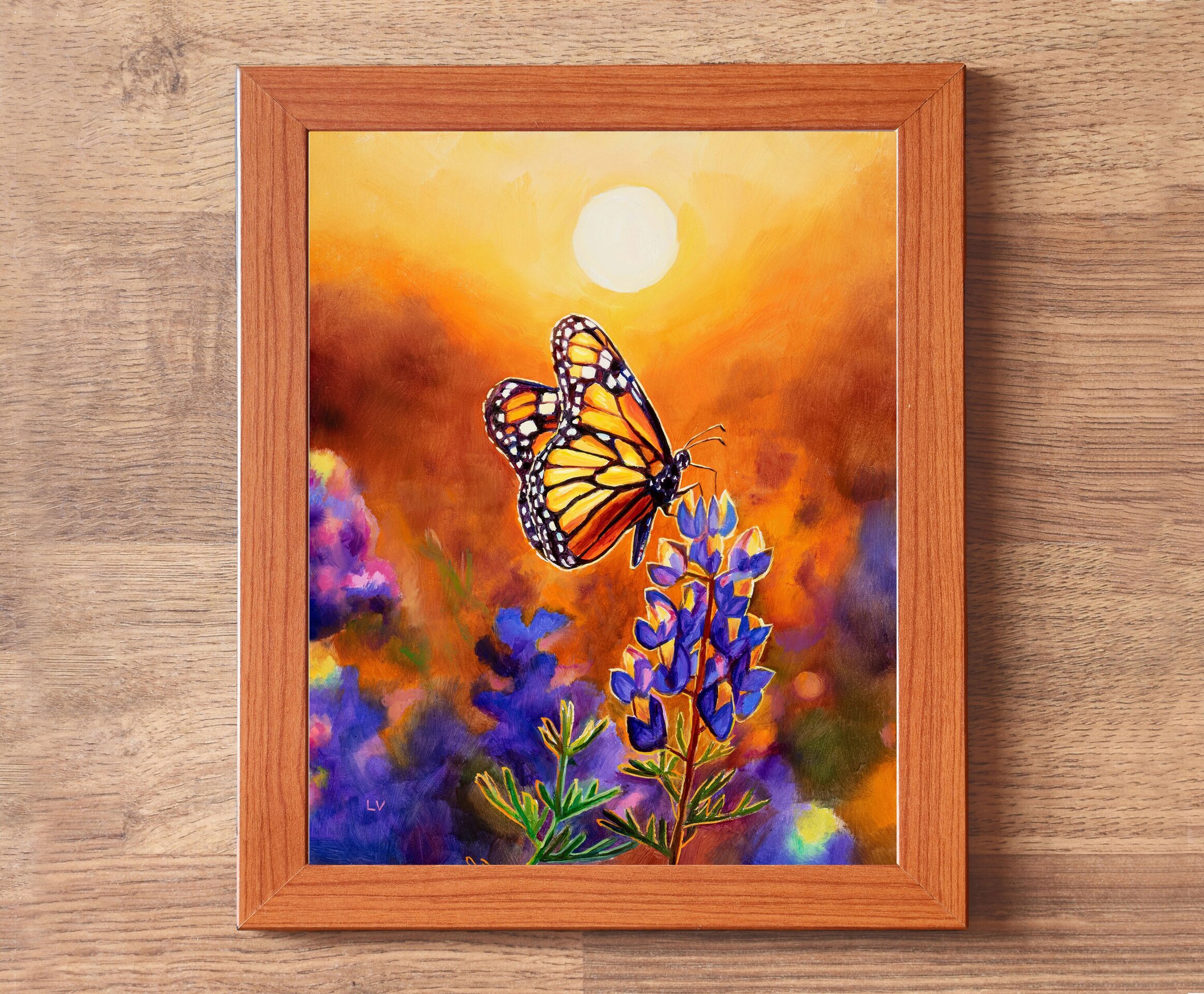 Cuadro al óleo de mariposa monarca sobre flores moradas al atardecer - 3