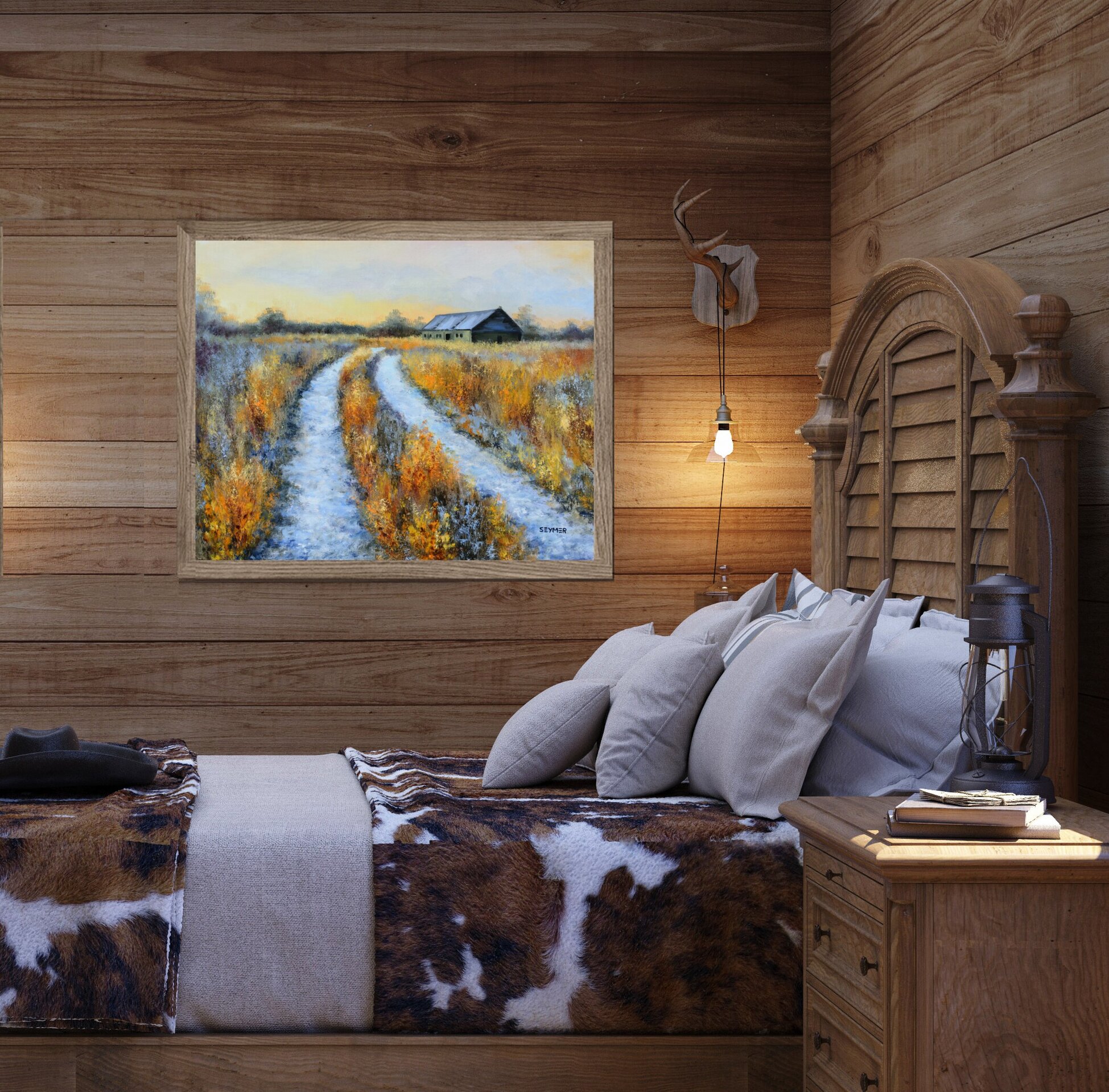 Pintura de camino rural con escarcha, nieve y granero en una pradera en invierno - 8