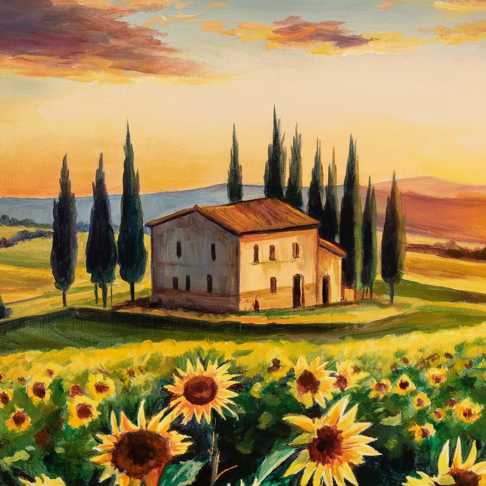 Cuadro al óleo de un paisaje de campo de girasoles en la Toscana al atardecer - 7