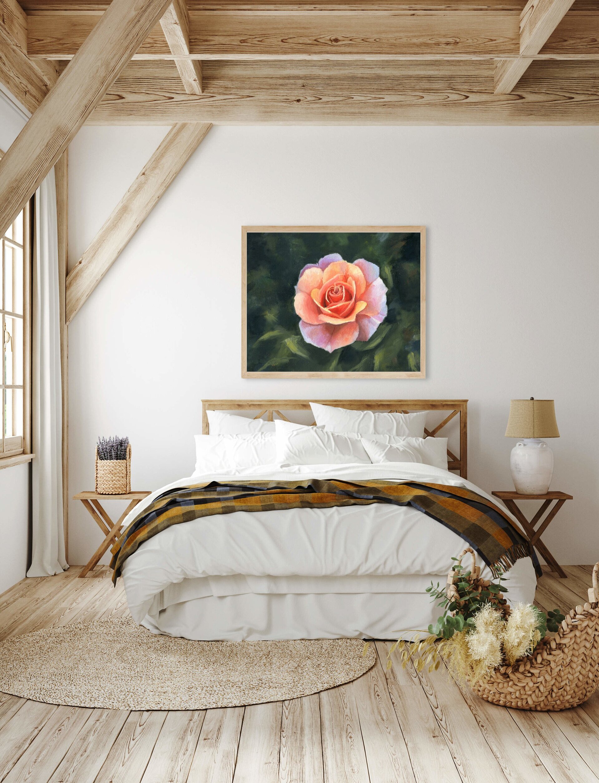 Pintura de Rosa delicada en jardín con plantas verdes. Sofisticación y elegancia - 10