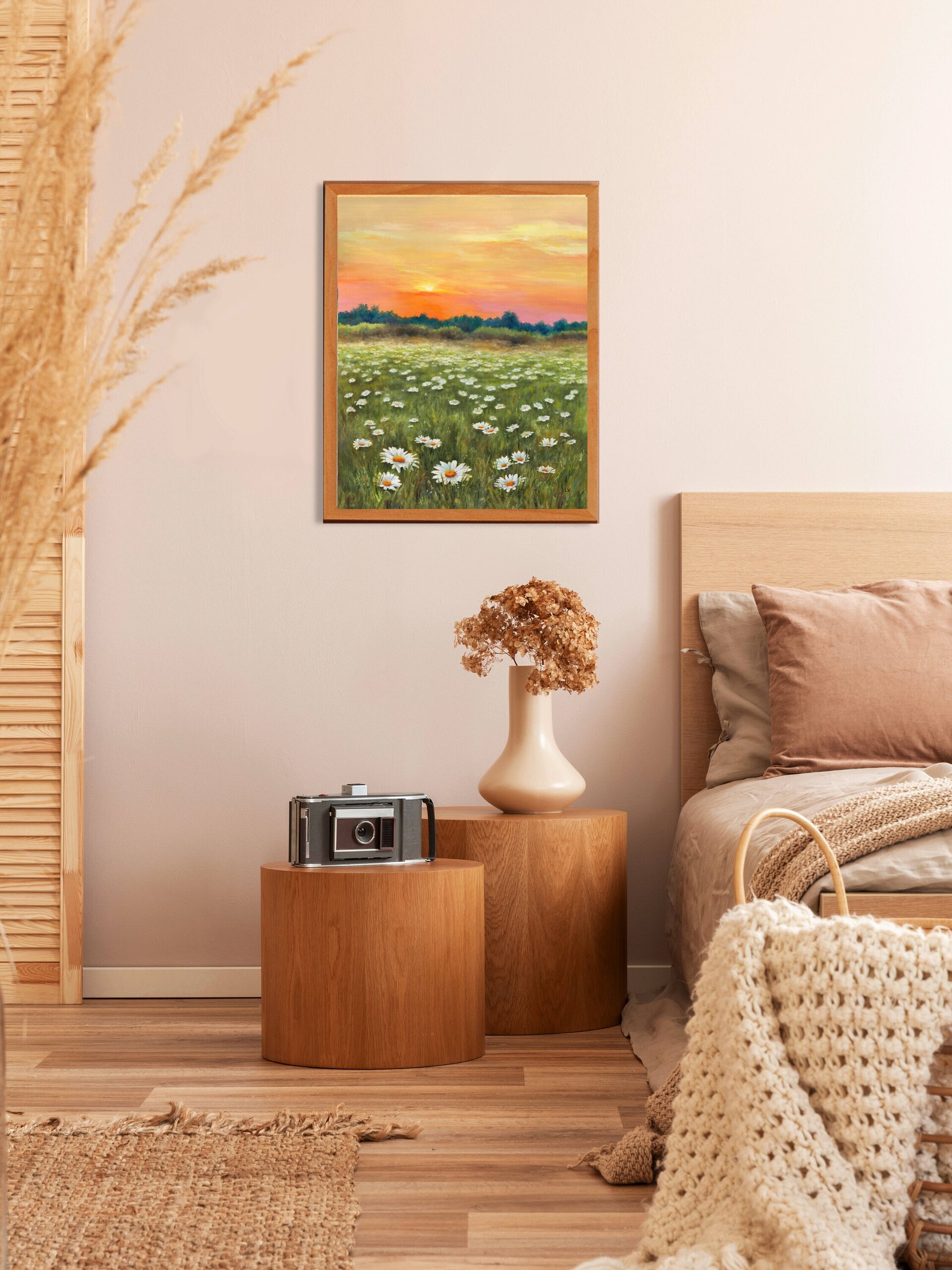 Pintura de campo de margaritas en puesta de sol, Paisaje de flores en primavera - 11